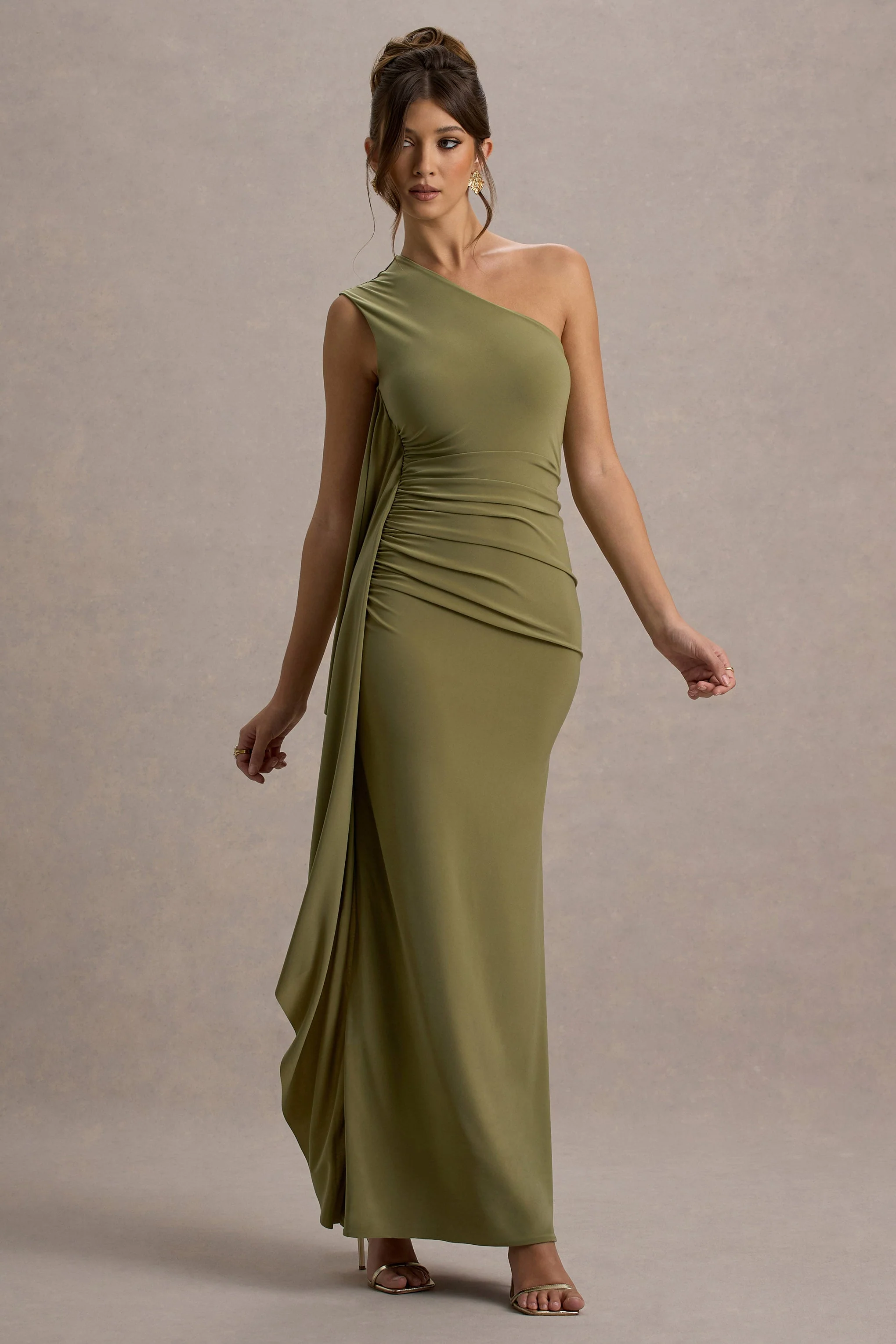 Adelina | Olive One-Shoulder Maxi Dress With Drape - Image 4
