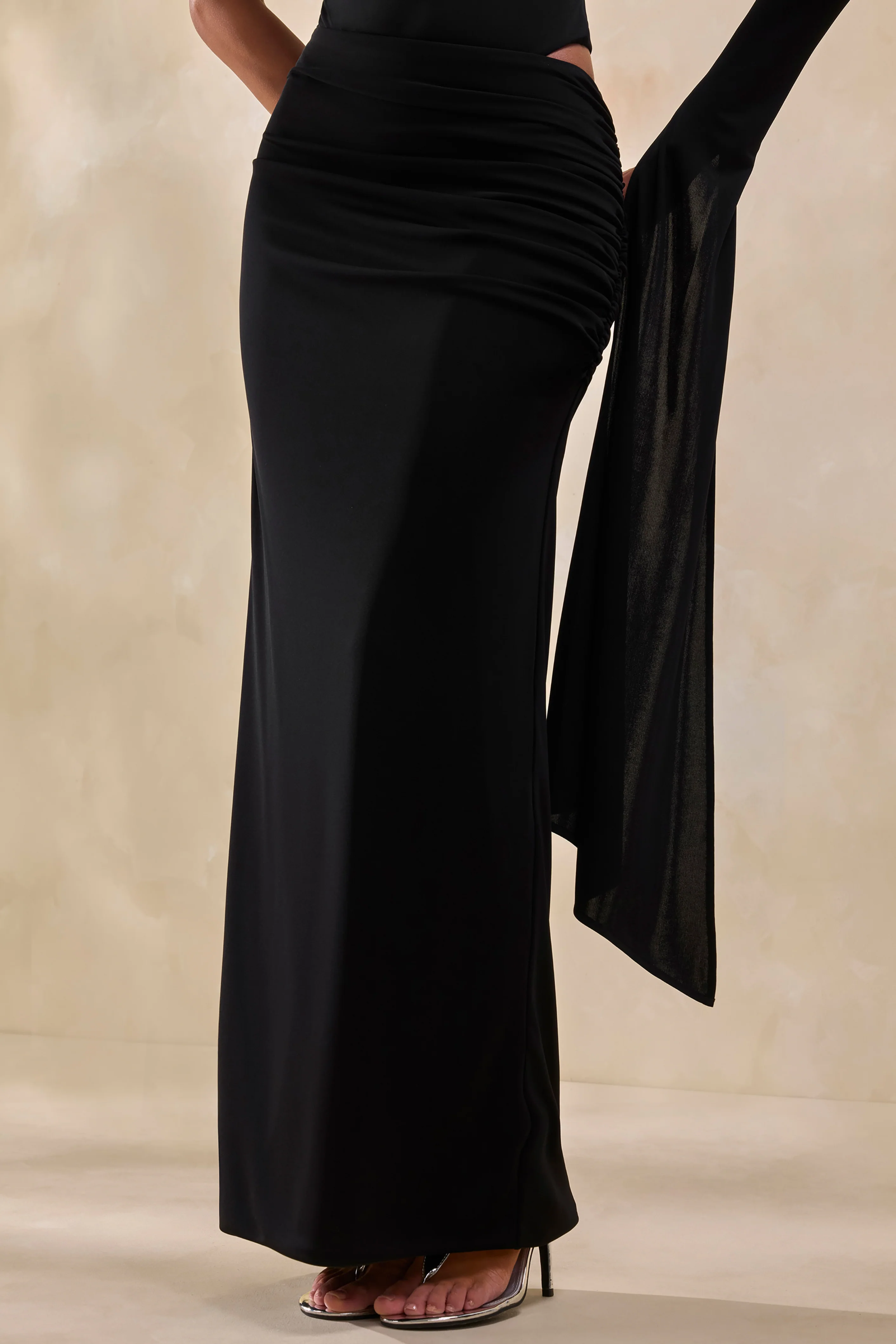 Adessa | Black Asymmetric Waist Ruched Maxi Skirt