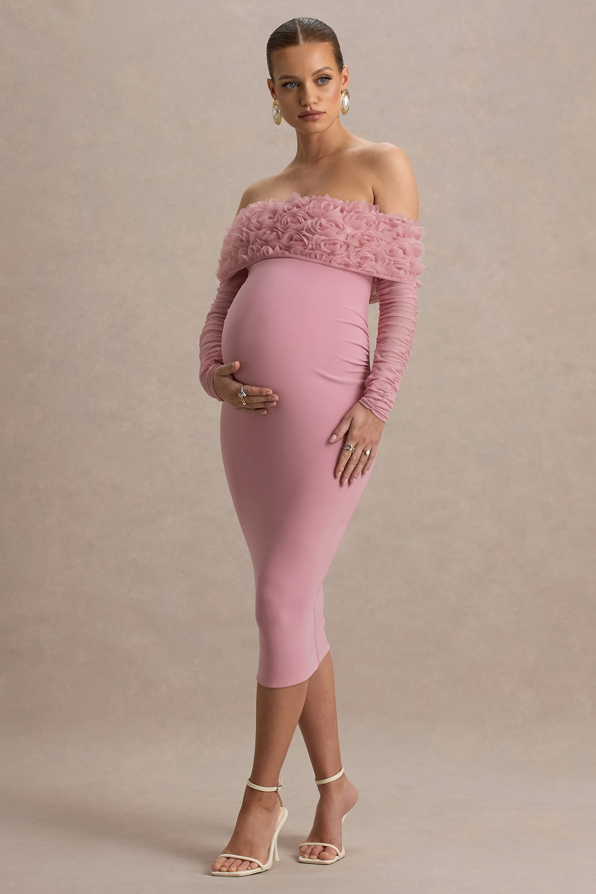 Adita | Blush Pink Mesh Floral Bardot Maternity Midi Dress - Image 6