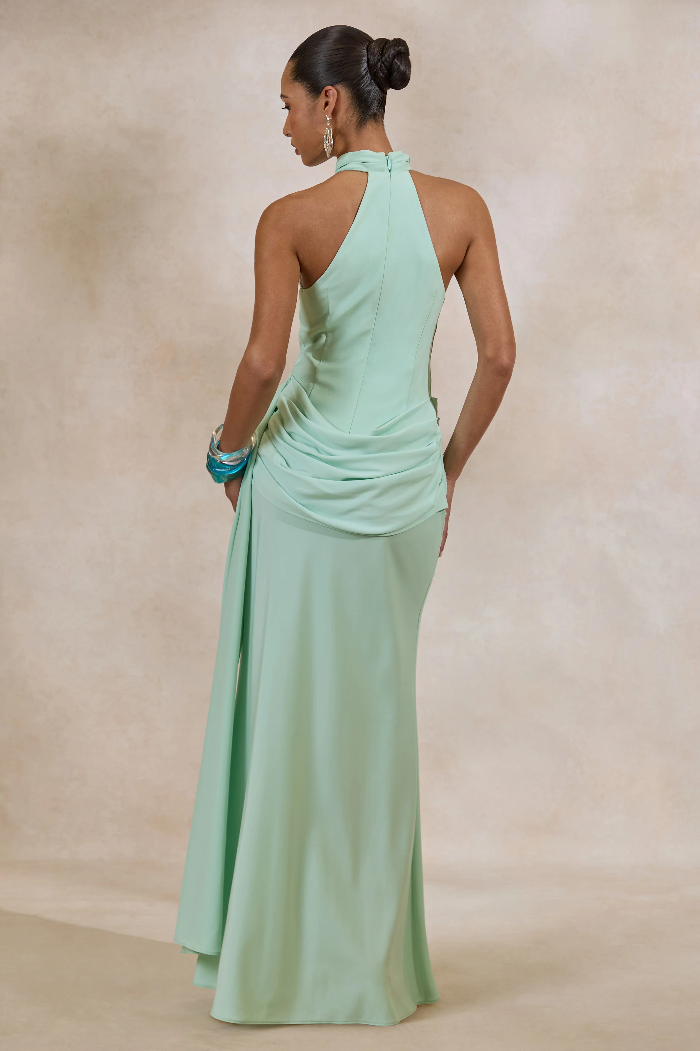 Aevina | Mint Satin Asymmetric-Neck Maxi Dress With Scarf-Detail - Image 2