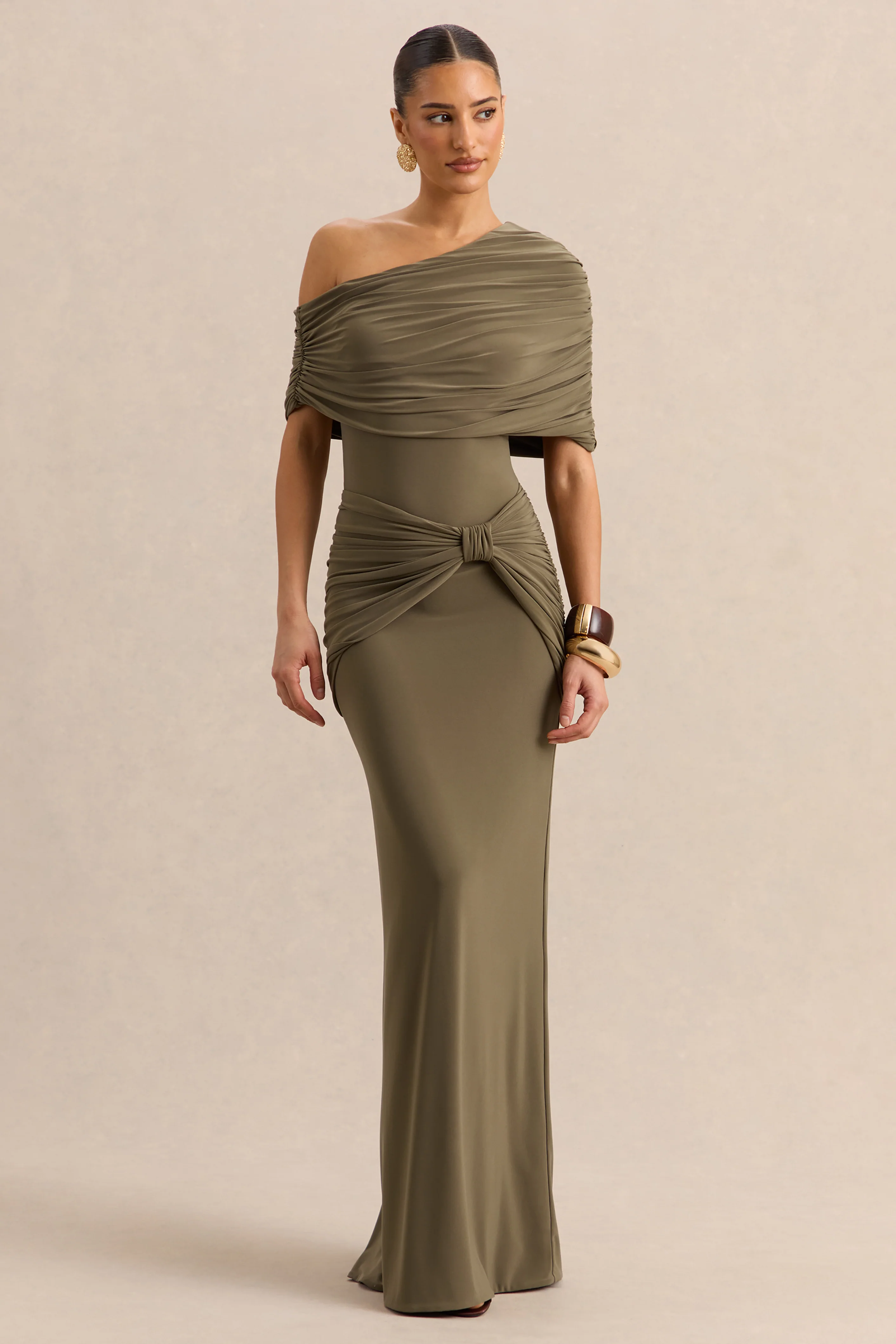 Afiya | Khaki Twisted Waist Maxi Skirt with Knot Detailing - Image 2