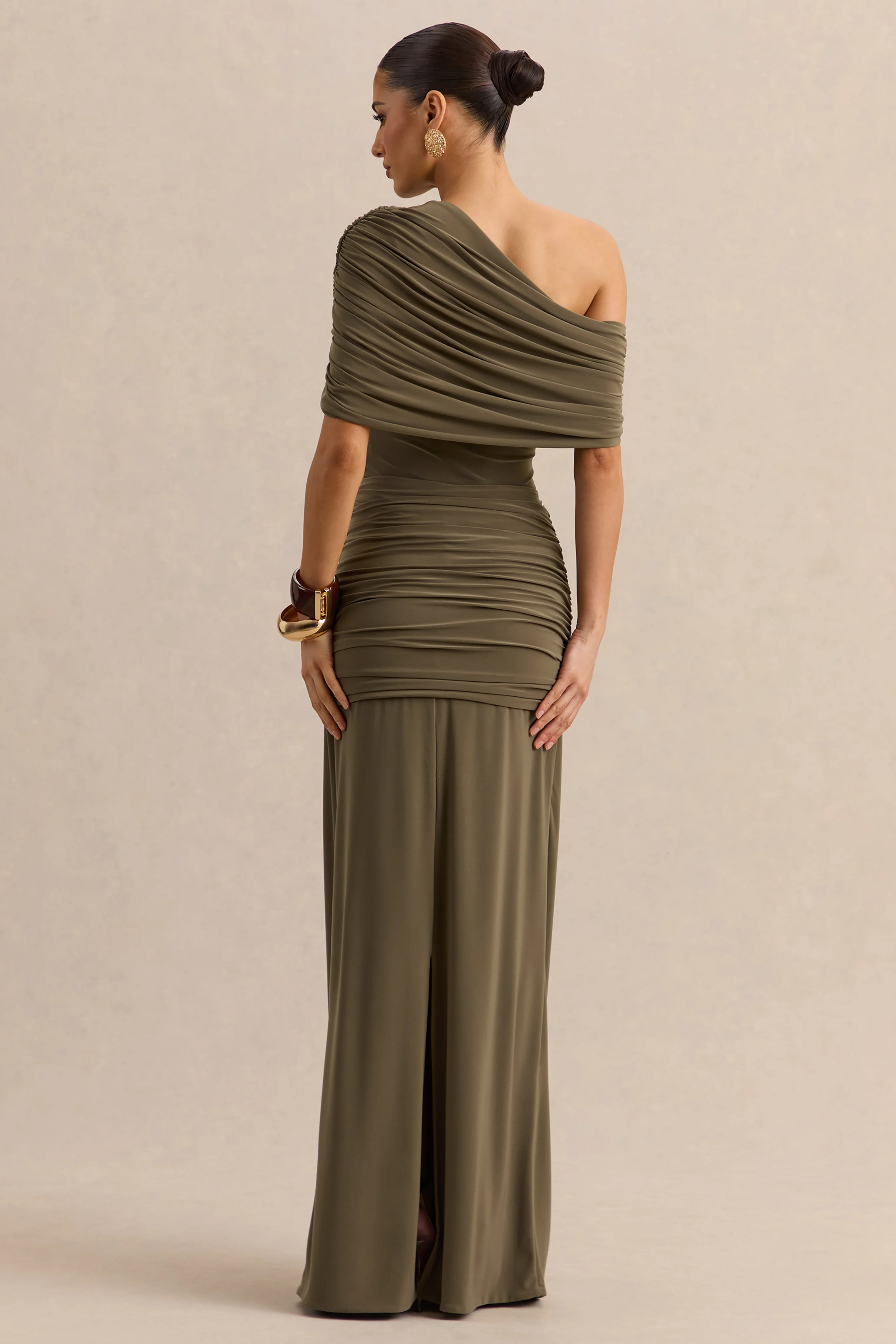 Afiya | Khaki Twisted Waist Maxi Skirt with Knot Detailing - Image 3