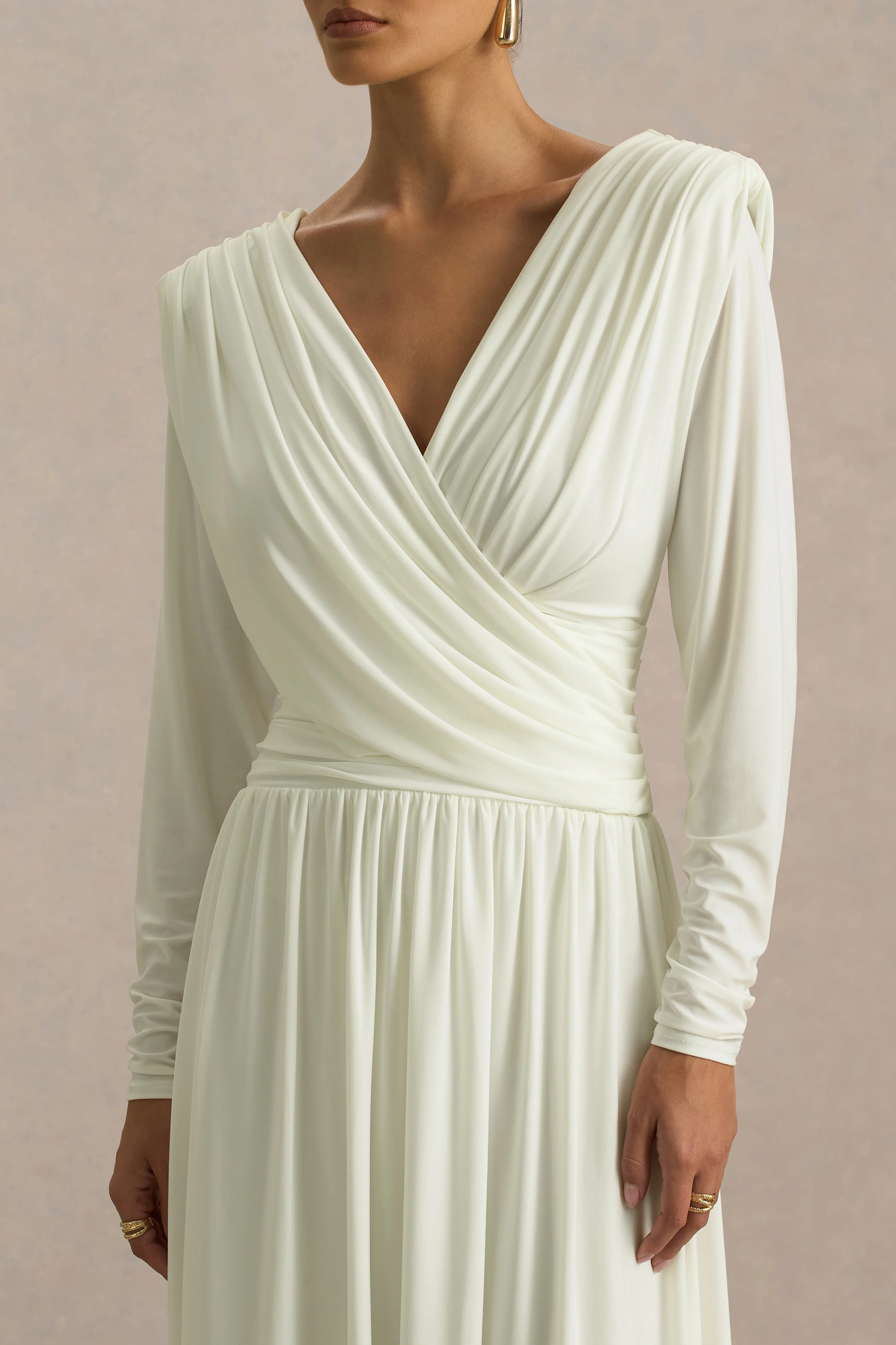 Alexis | Cream Plunge-Neck Midi Dress With Draped And Ruched Detailing - Image 3