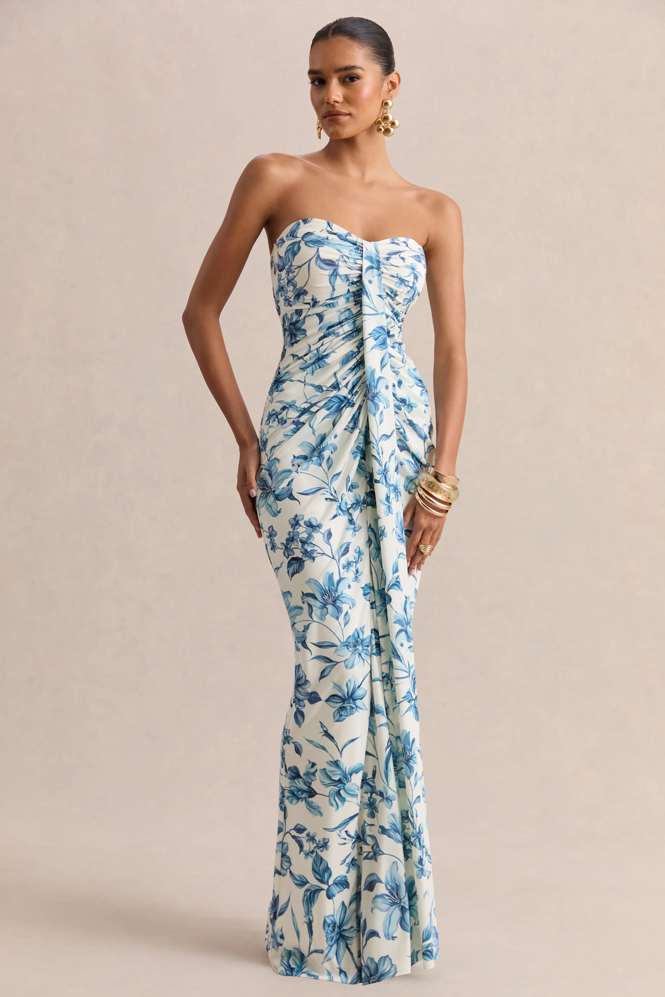 Ali | Blue Porcelain Print Sweetheart Ruched Wrap Maxi Dress - Image 2