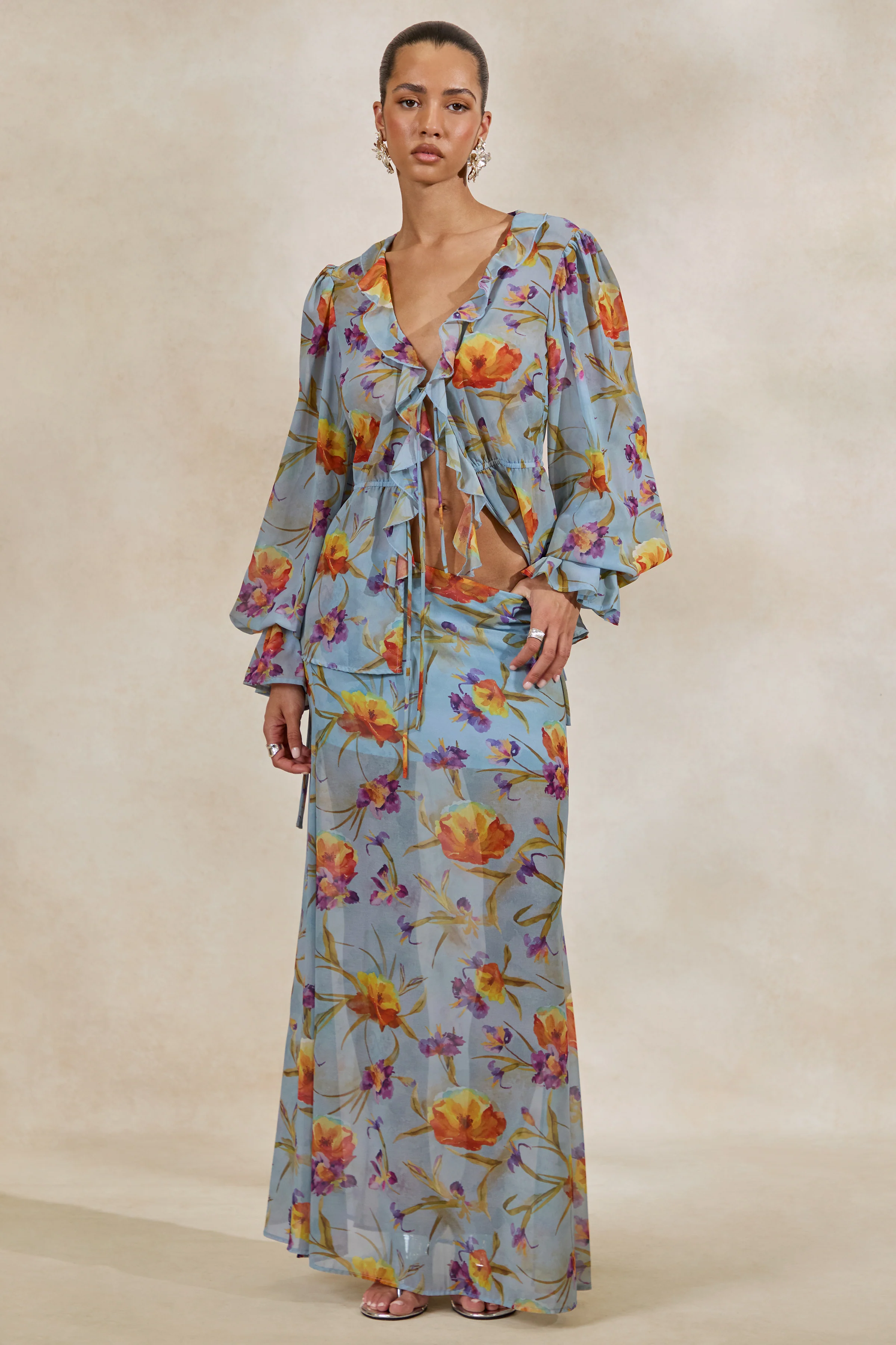 Alveta | Blue Floral Chiffon Sheer Maxi Skirt - Image 7