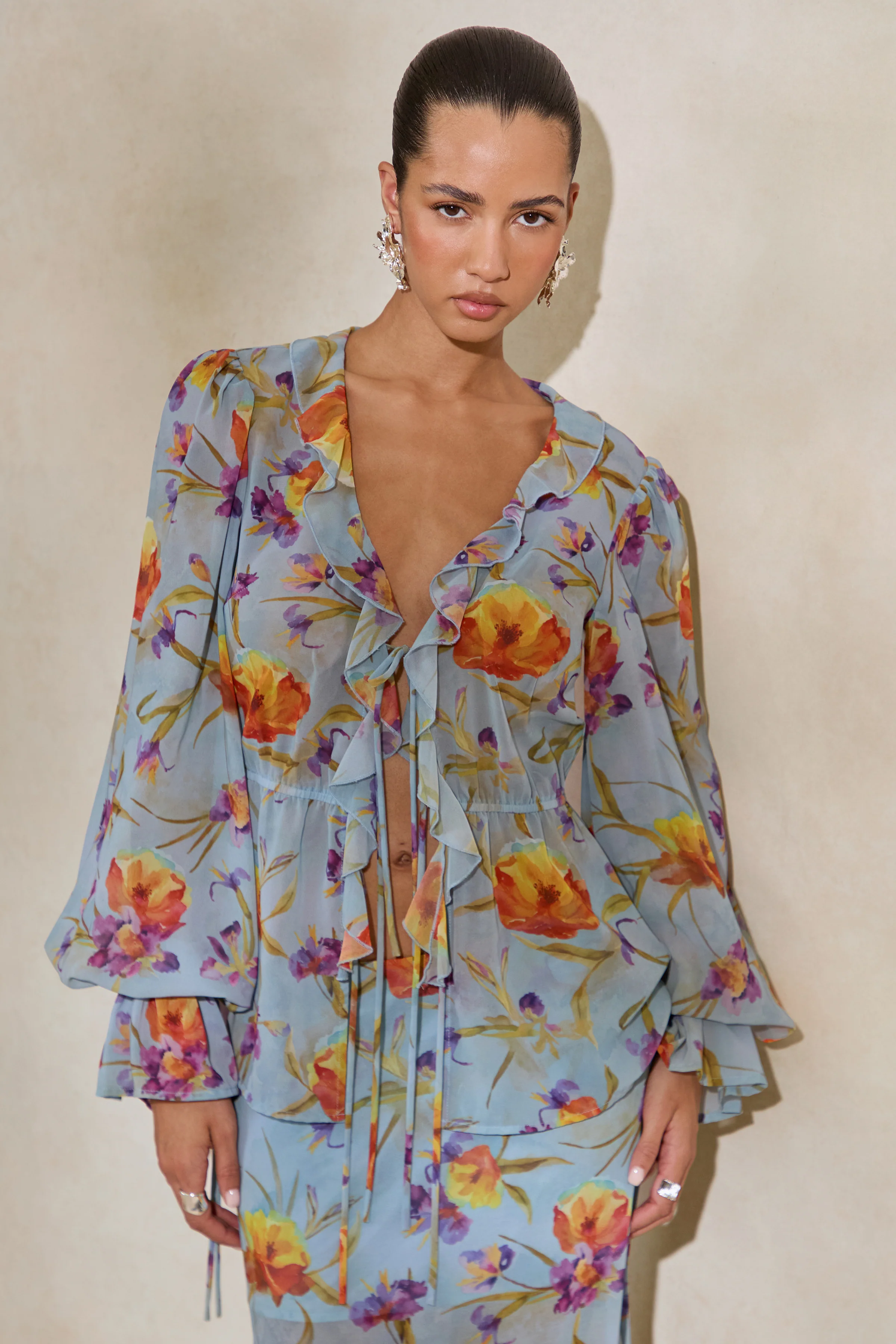 Alveta | Blue Floral Chiffon Sheer V-Neck Top With Ruffled Detailing - Image 2