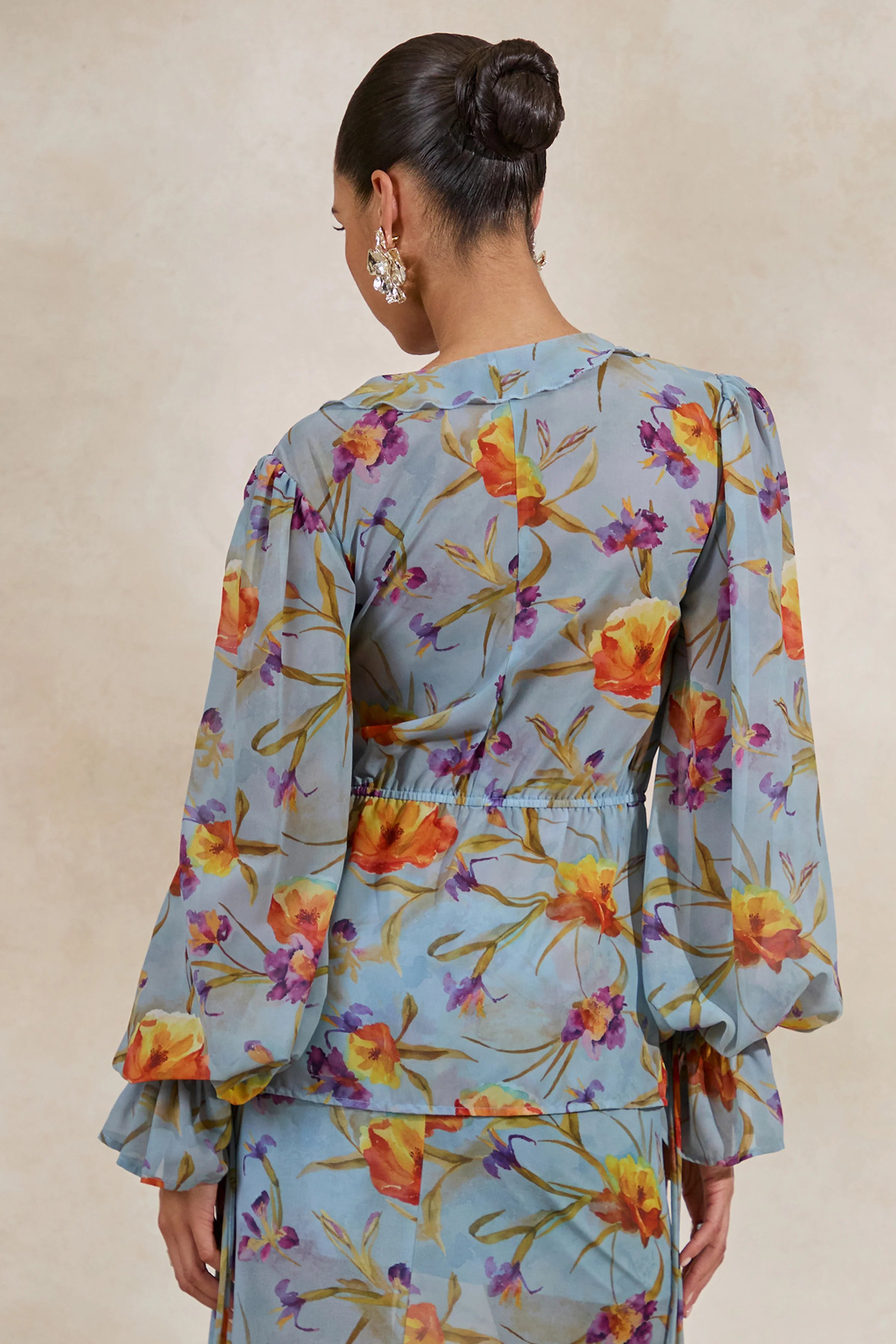 Alveta | Blue Floral Chiffon Sheer V-Neck Top With Ruffled Detailing - Image 3