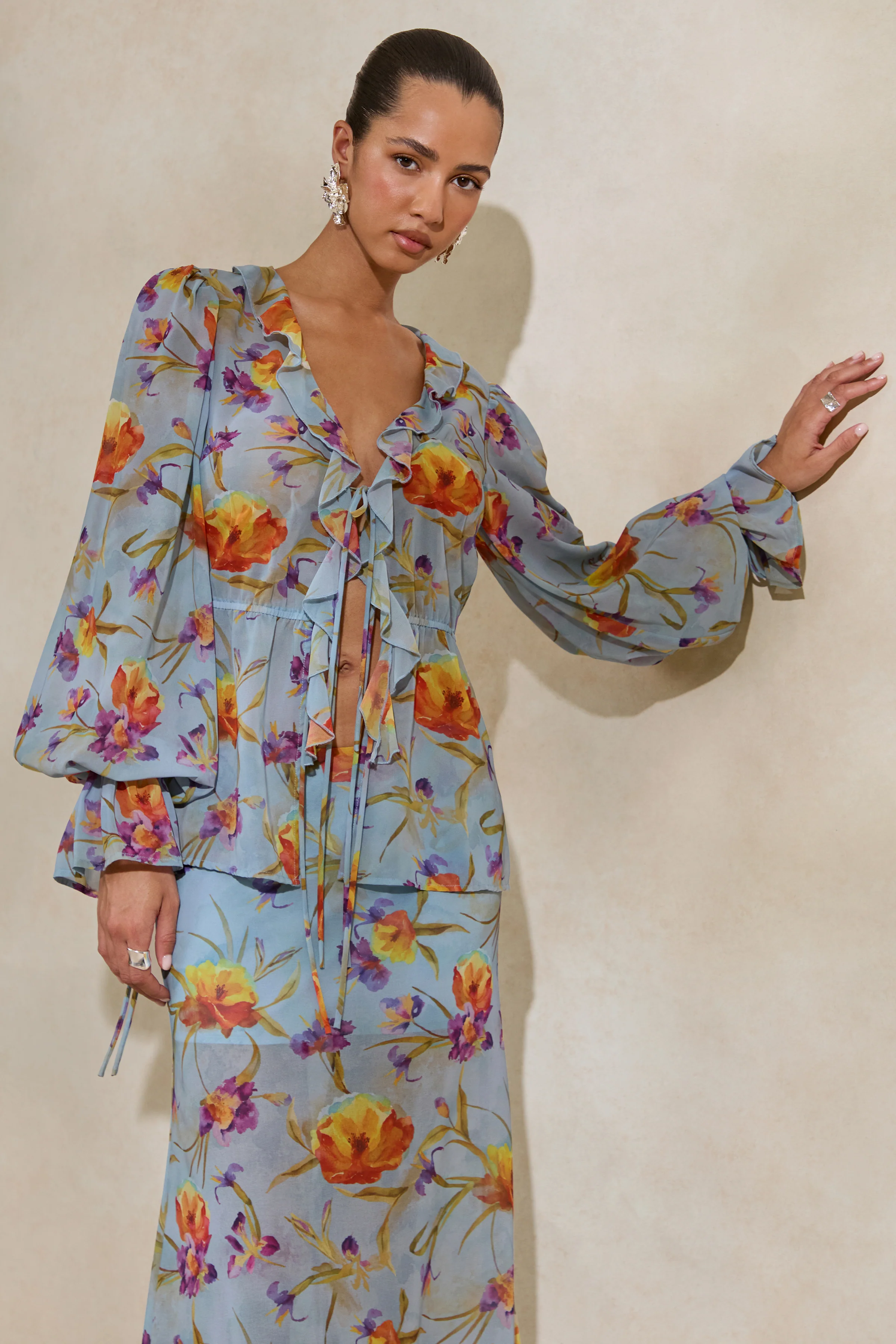 Alveta | Blue Floral Chiffon Sheer V-Neck Top With Ruffled Detailing - Image 4