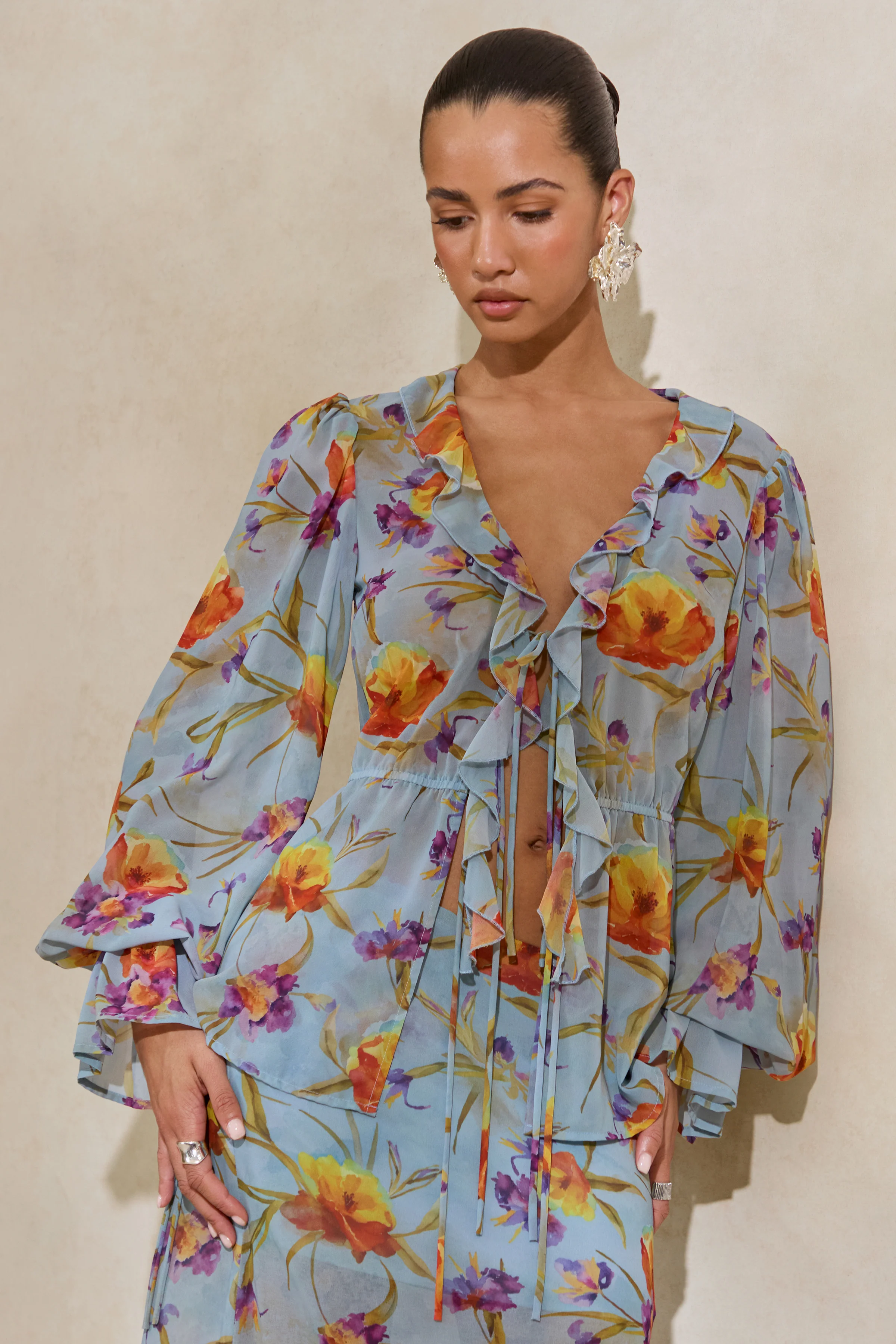 Alveta | Blue Floral Chiffon Sheer V-Neck Top With Ruffled Detailing - Image 5