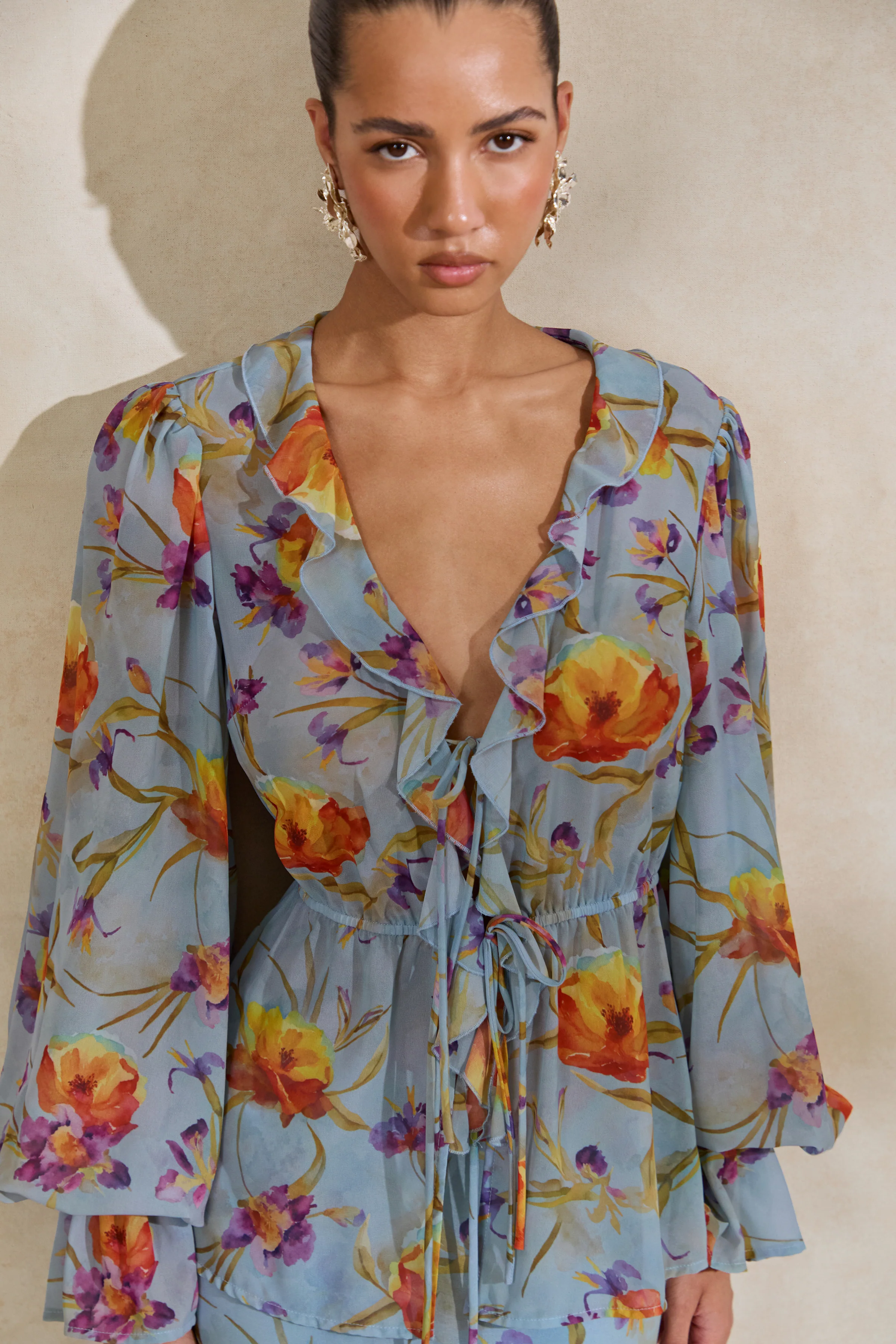Alveta | Blue Floral Chiffon Sheer V-Neck Top With Ruffled Detailing - Image 7