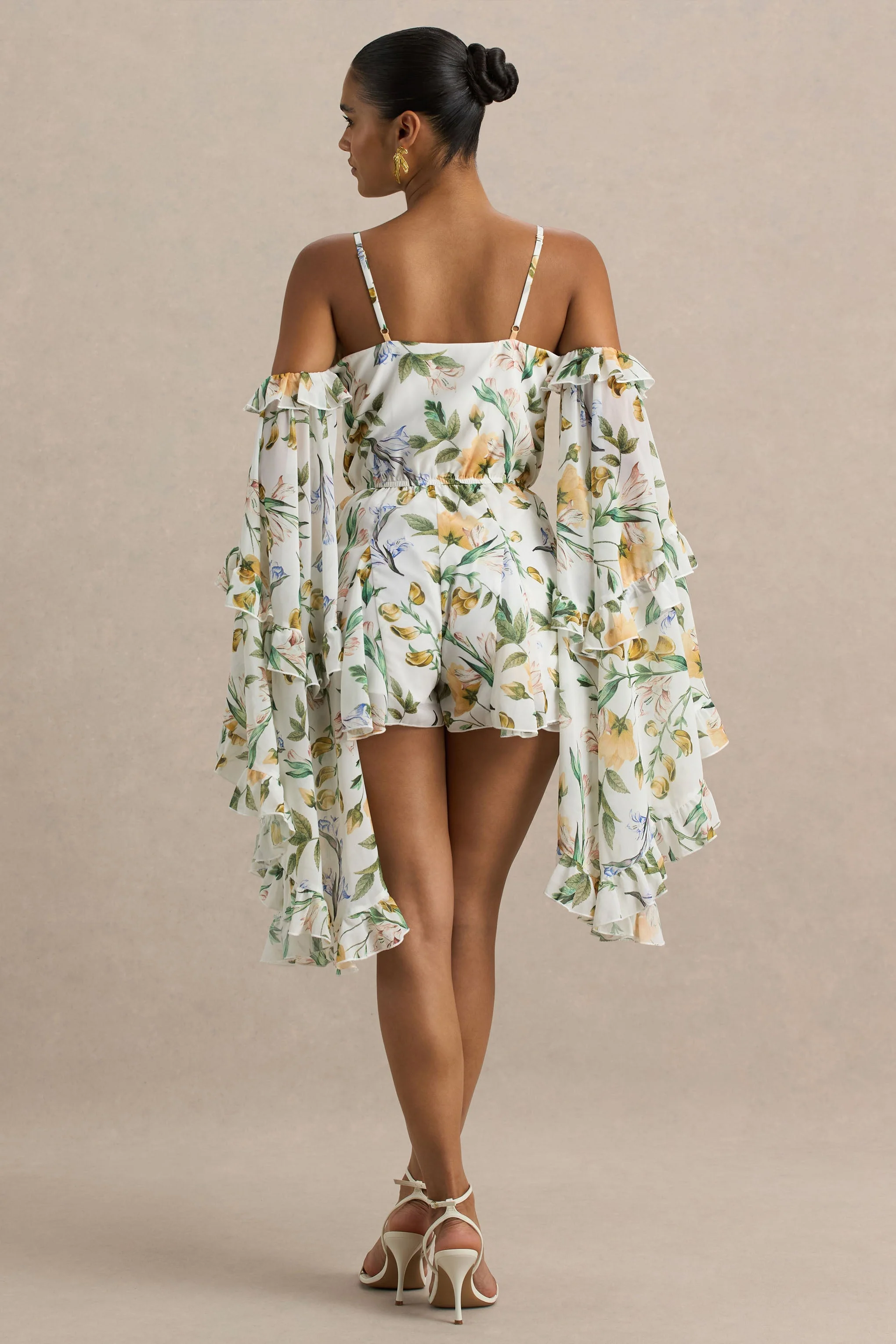 Anaya | Lemon Floral Print Chiffon Romper With Long Sleeves - Image 2