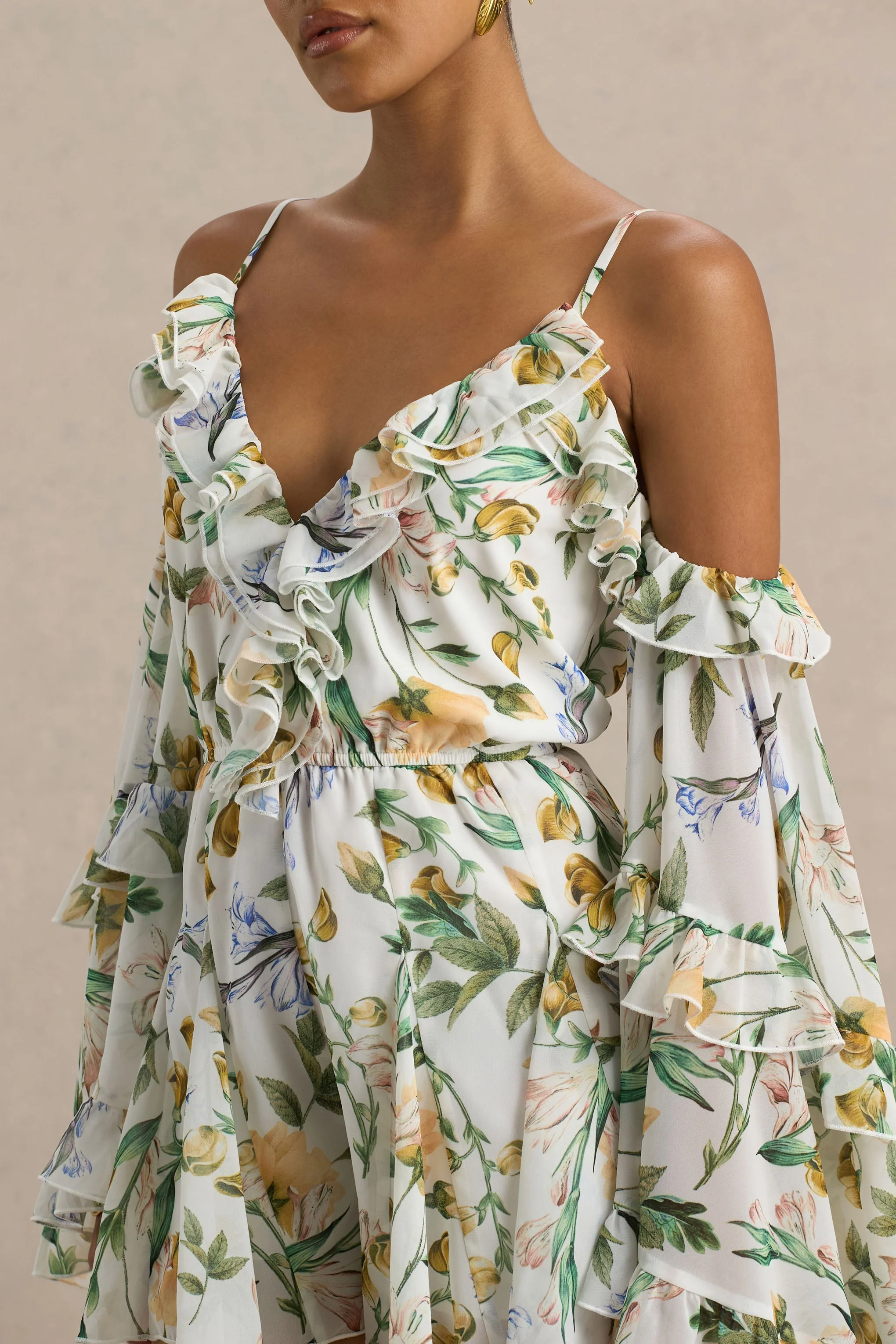 Anaya | Lemon Floral Print Chiffon Romper With Long Sleeves - Image 5