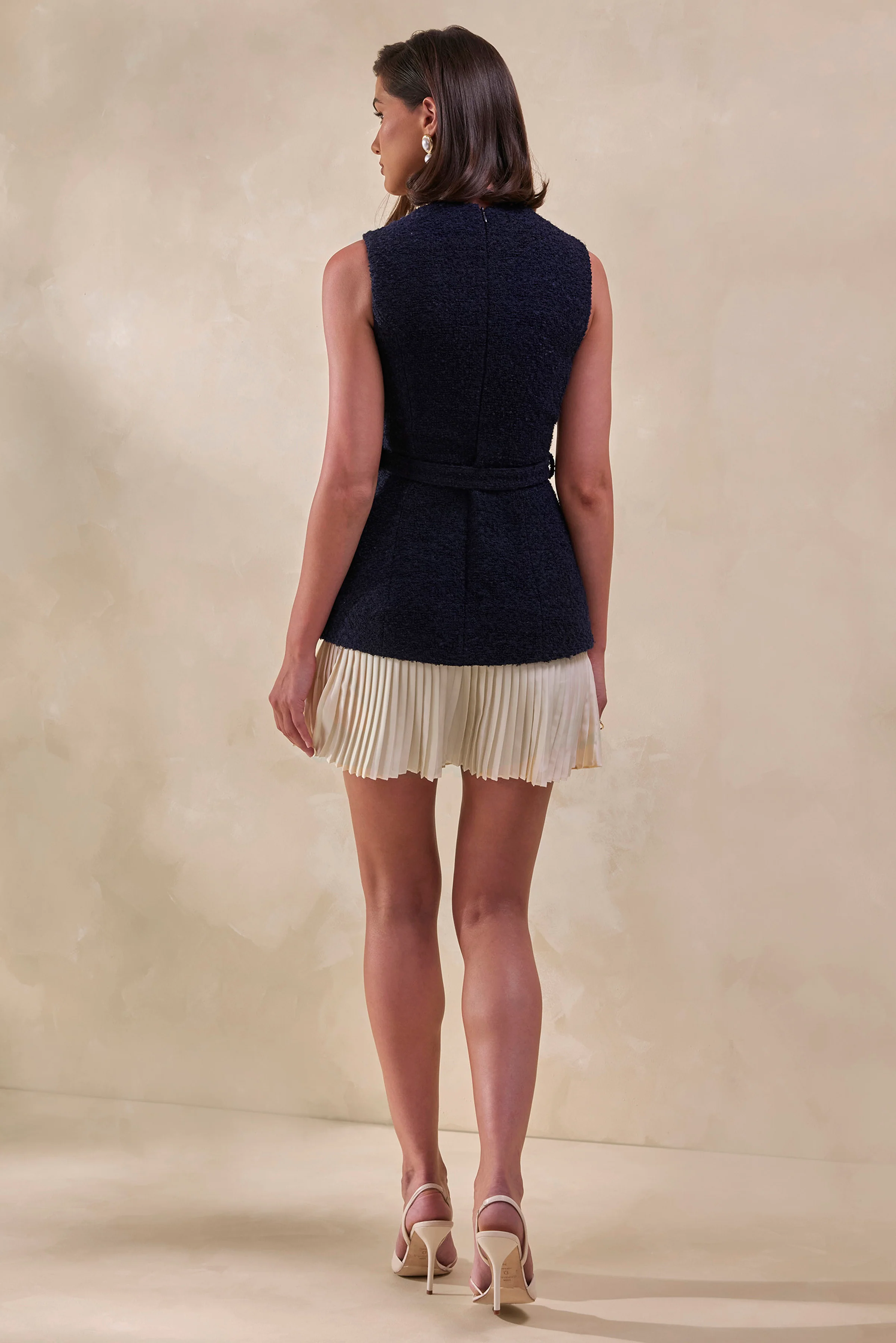 Anise | Navy Crew-Neck Belted Mini-Dress With White Pleated-Hem - Image 3