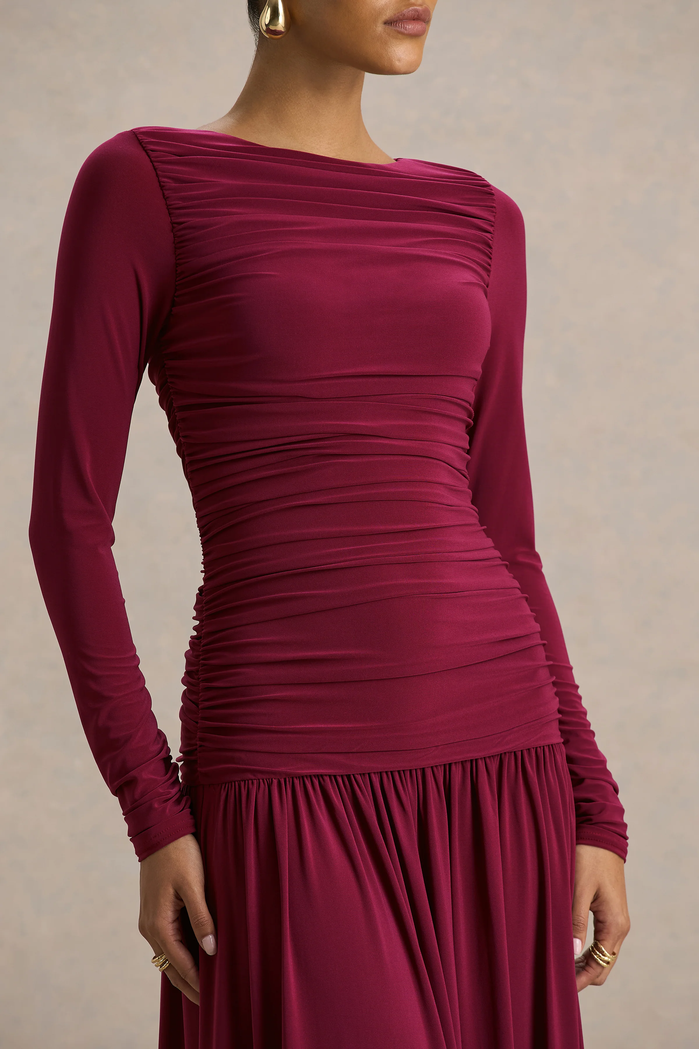 Aniyah | Burgundy Slashed-Neck Maxi Dress With Ruched Detailing - Image 3