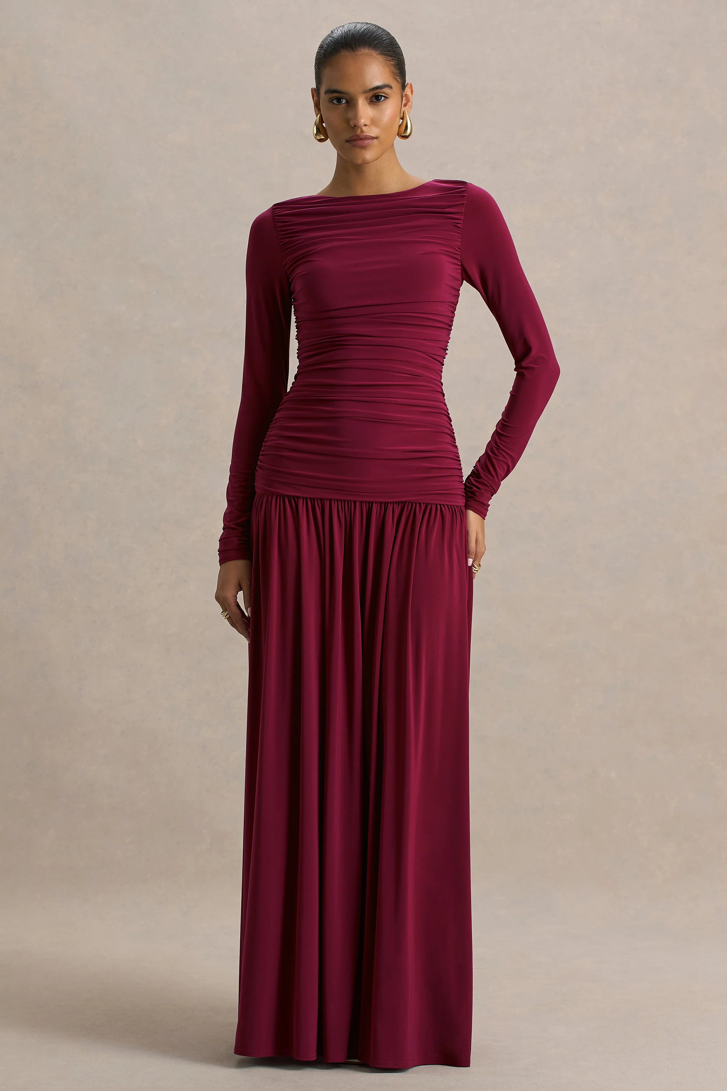 Aniyah | Burgundy Slashed-Neck Maxi Dress With Ruched Detailing - Image 5