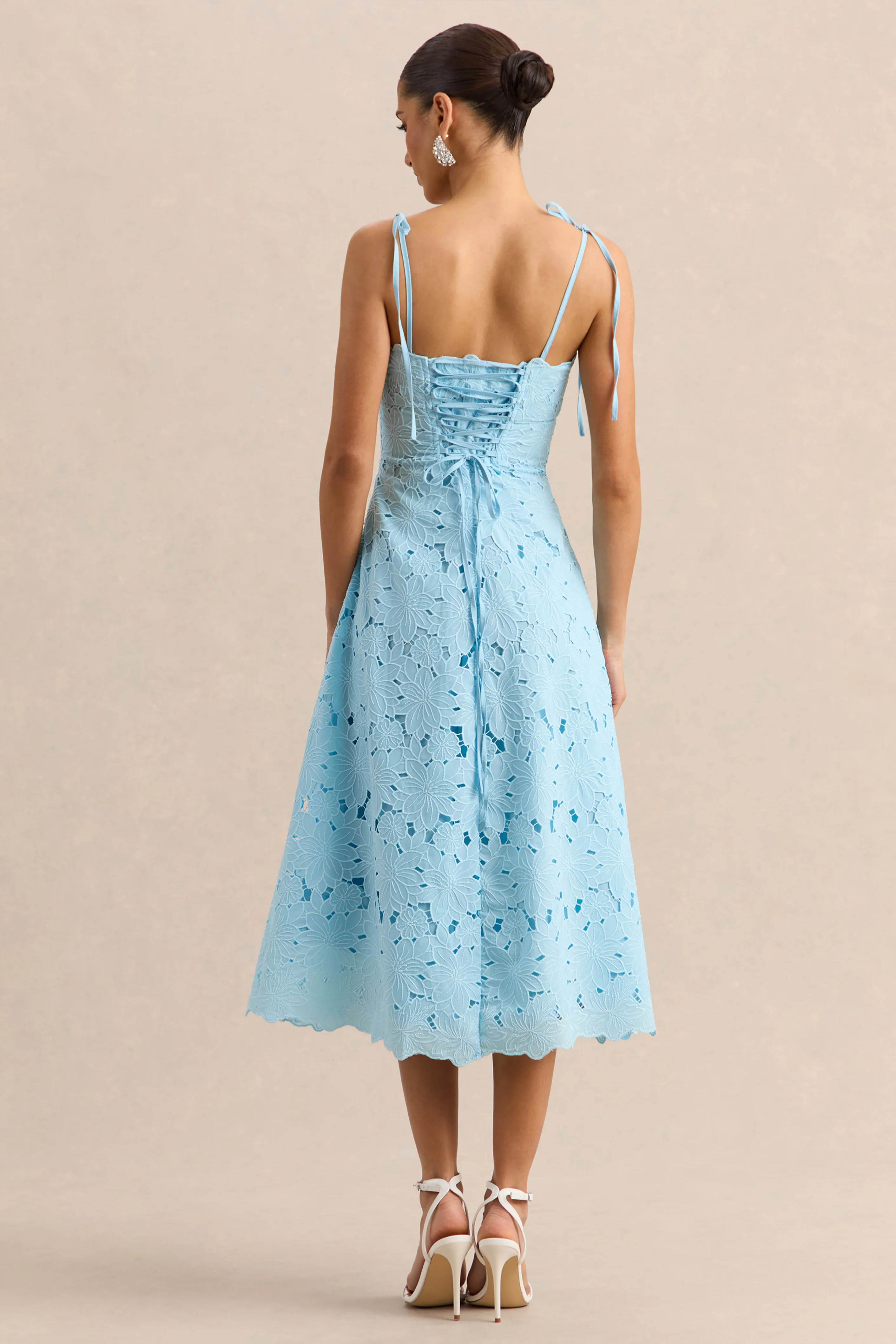 Anna | Embroidered Powder Blue Square-Neck Midi Dress - Image 3