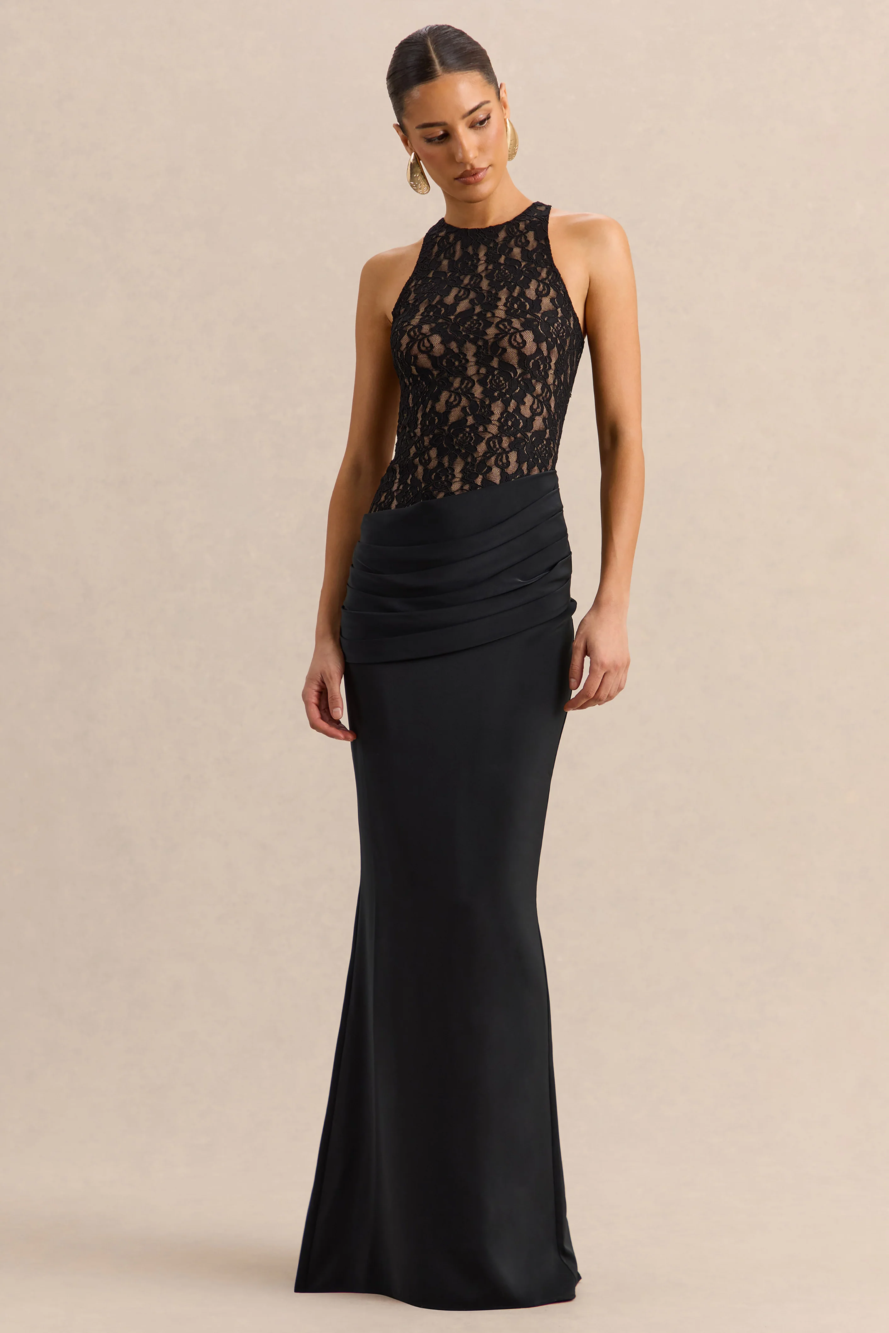 Anthelia | Black Lace And Satin Racer-Neck Maxi Dress With Draped-Detail - Image 4