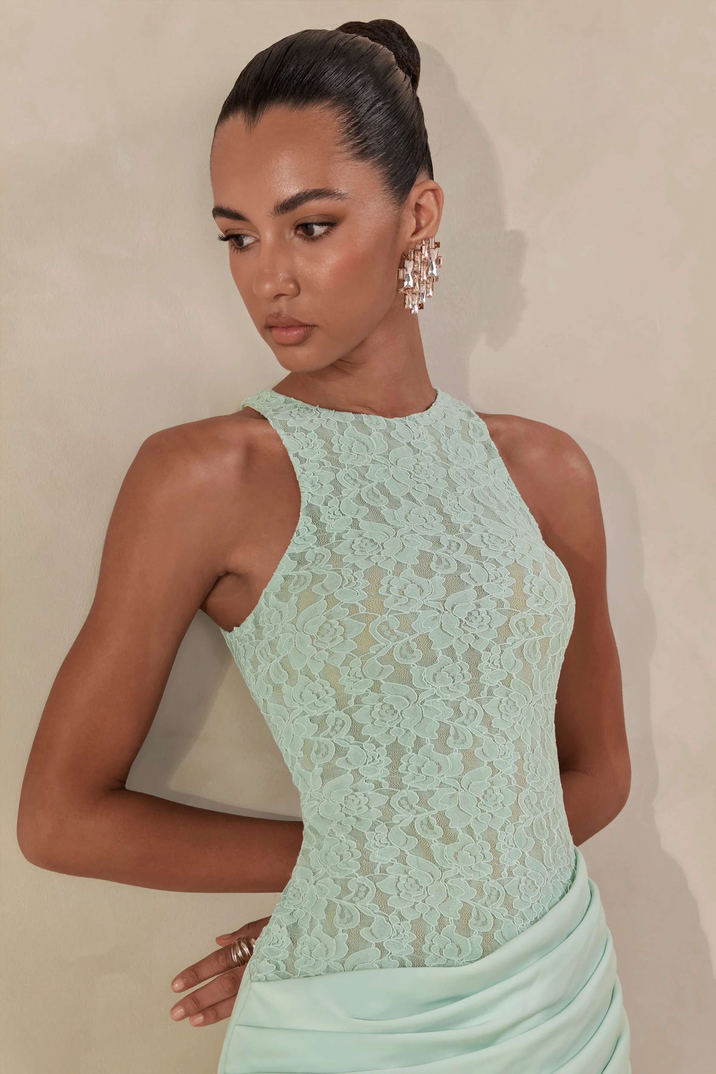 Anthelia | Mint Lace And Satin Racer-Neck Maxi Dress With Draped-Detail - Image 6