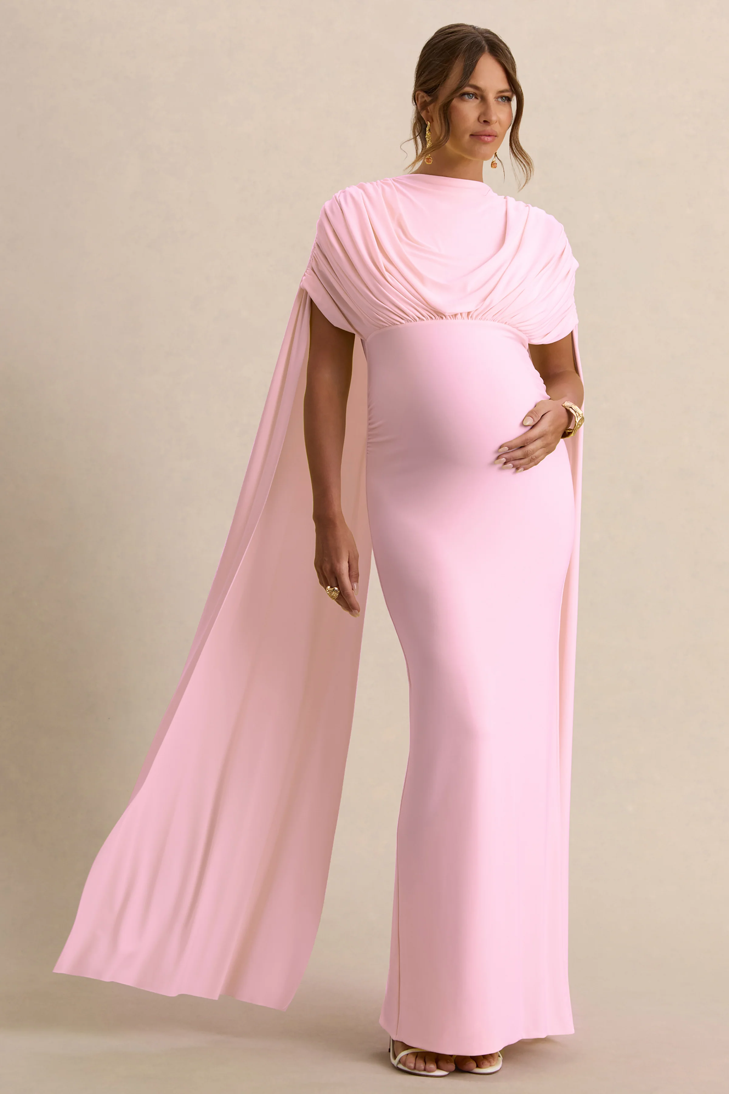 Araminta | Light Pink Bardot-Neck Maternity Maxi Dress With Cape Sleeves - Image 5