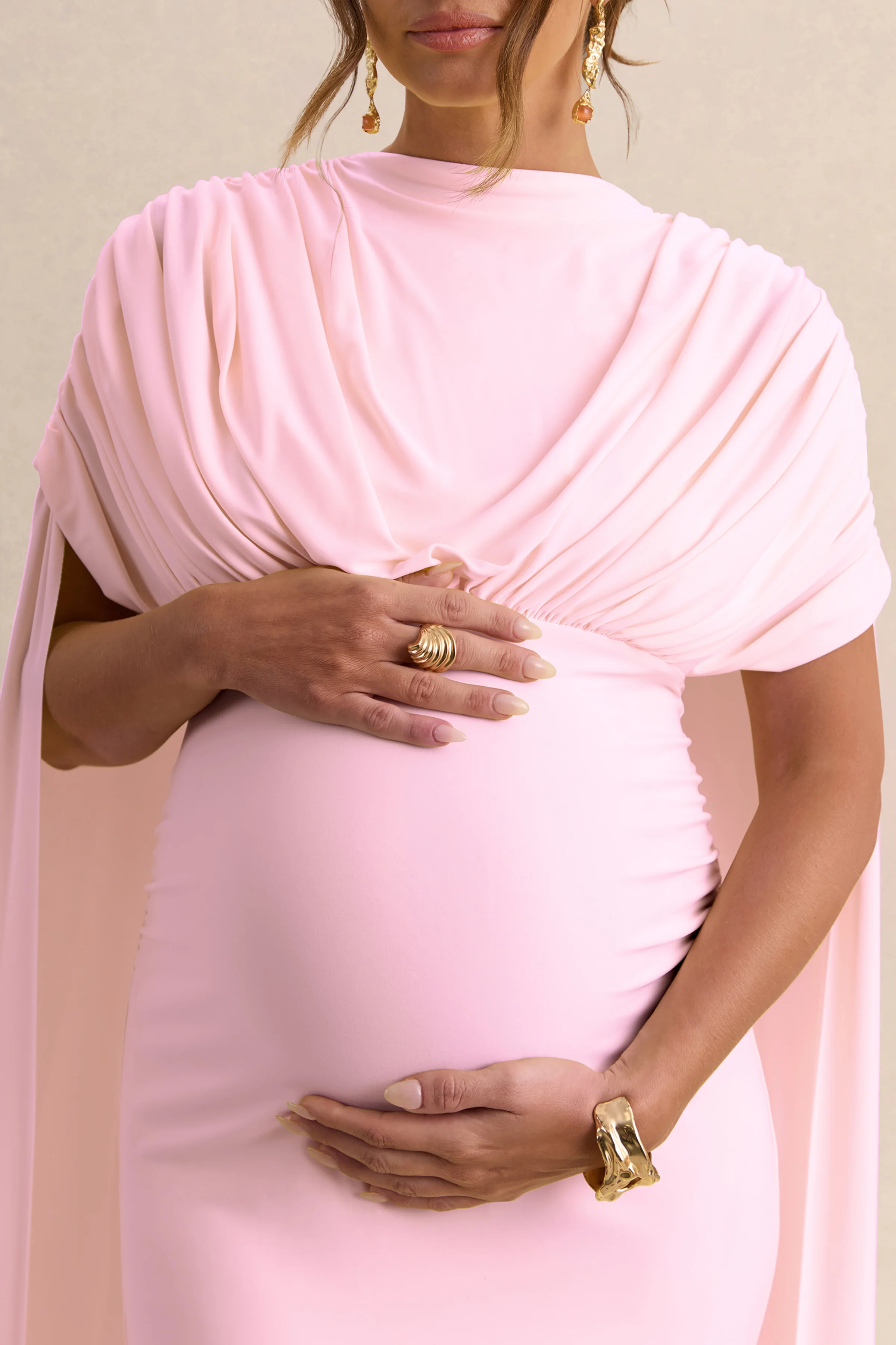 Araminta | Light Pink Bardot-Neck Maternity Maxi Dress With Cape Sleeves - Image 7