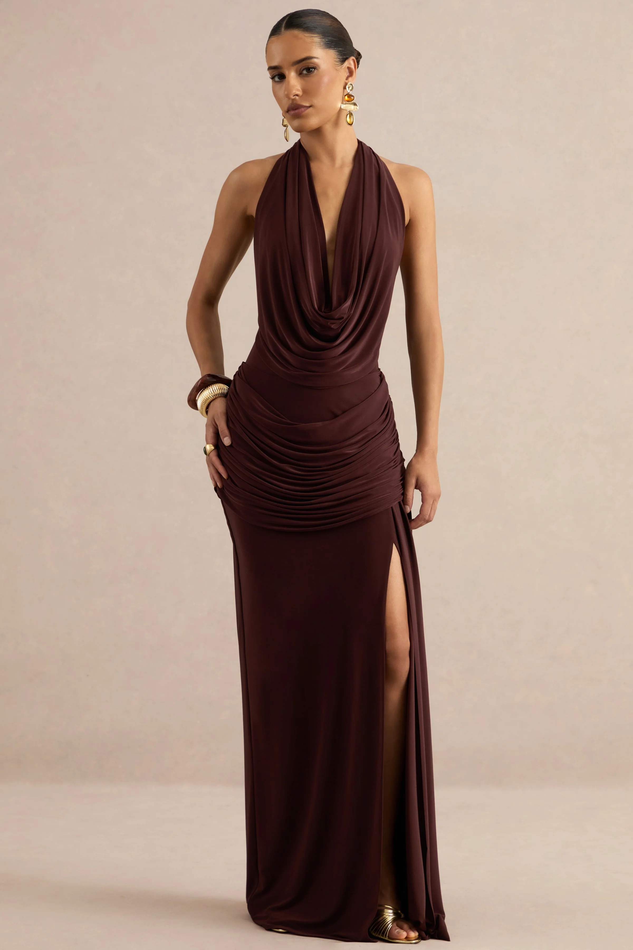 Ariadne | Dark Brown Draped Maxi Skirt With Split