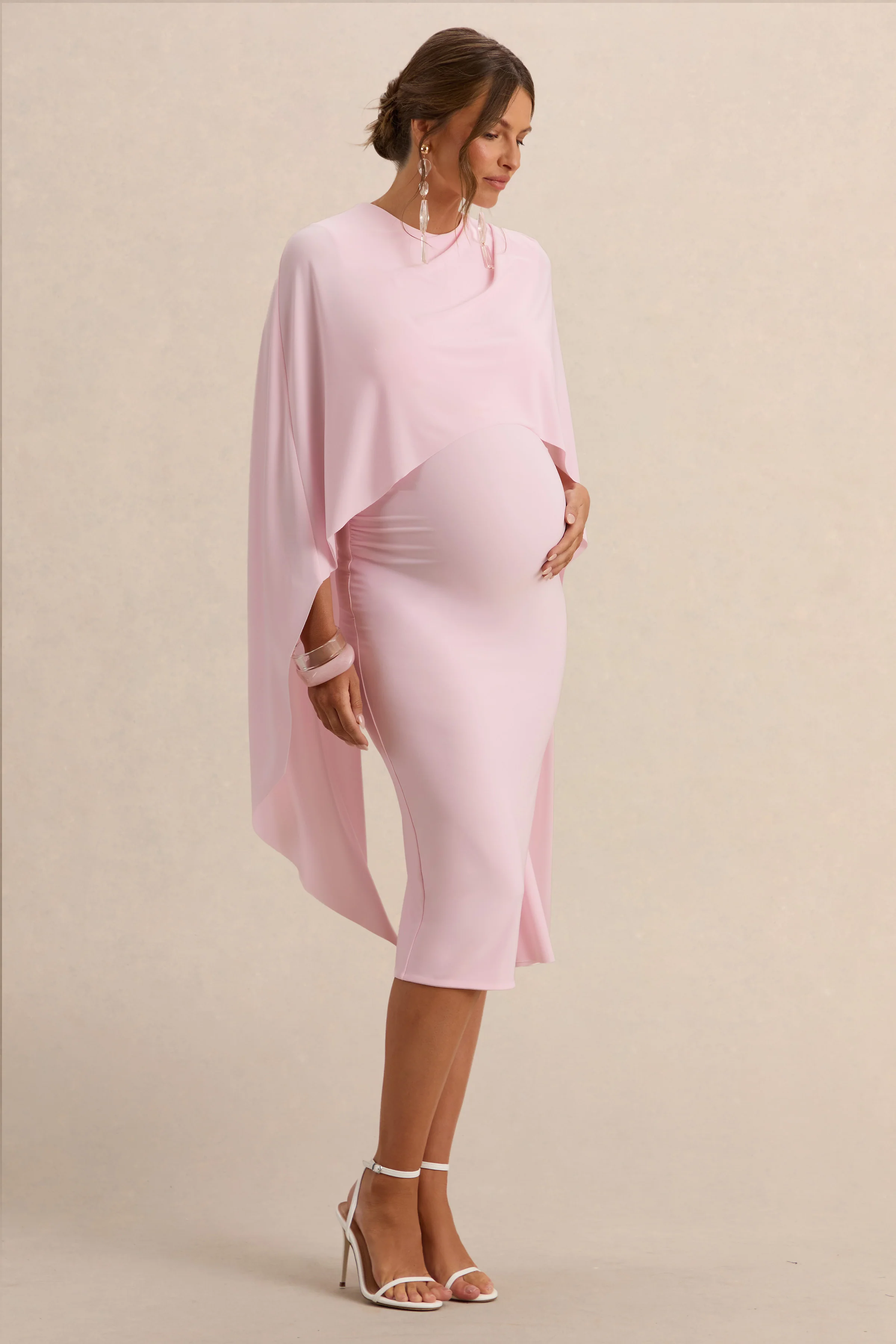 Arwen | Light Pink Round-Neck Maternity Midi Dress With Cape Detail - Image 4