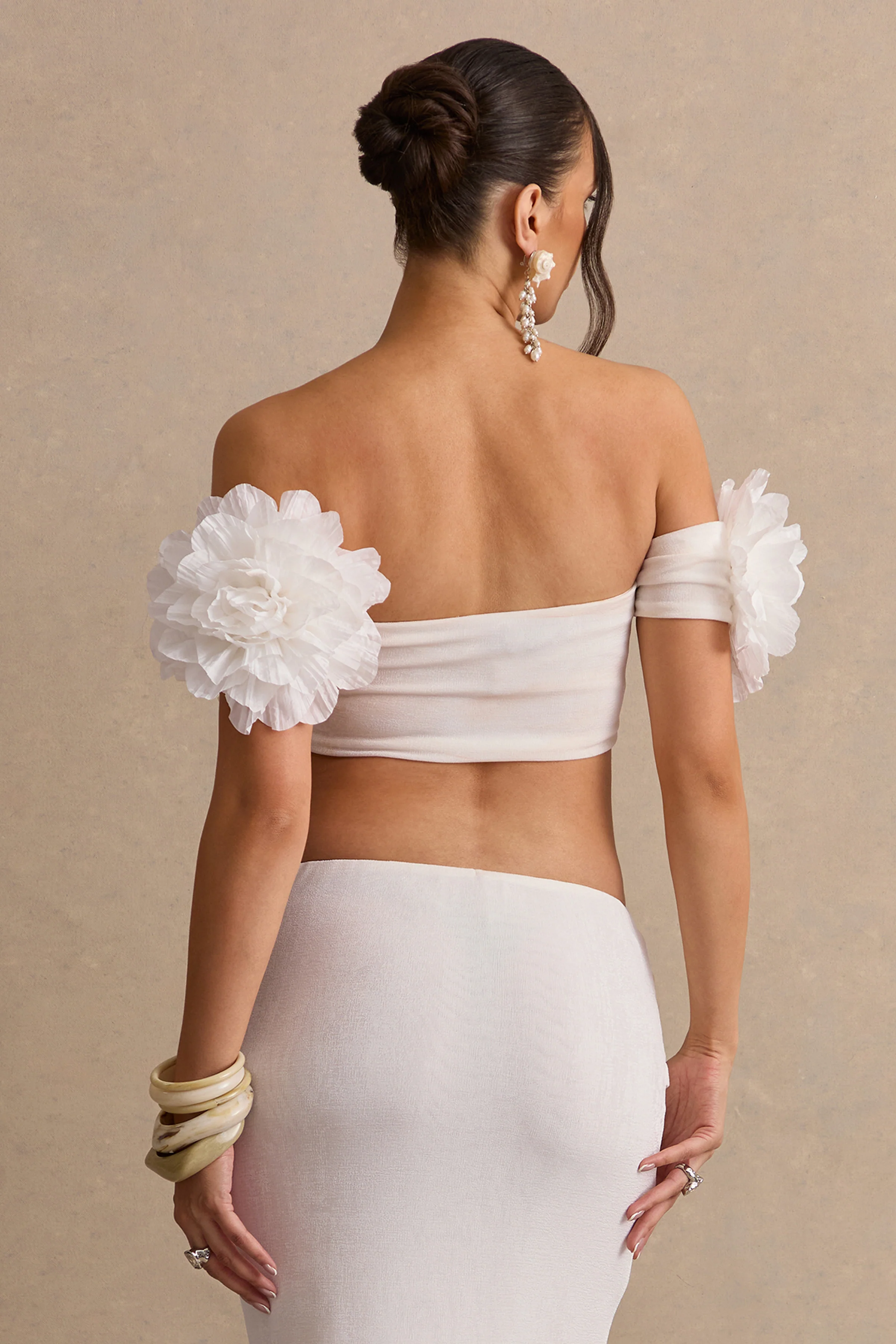 Arwenne | White Bardot-Neck Crop-Top With Corsage Detailing - Image 3