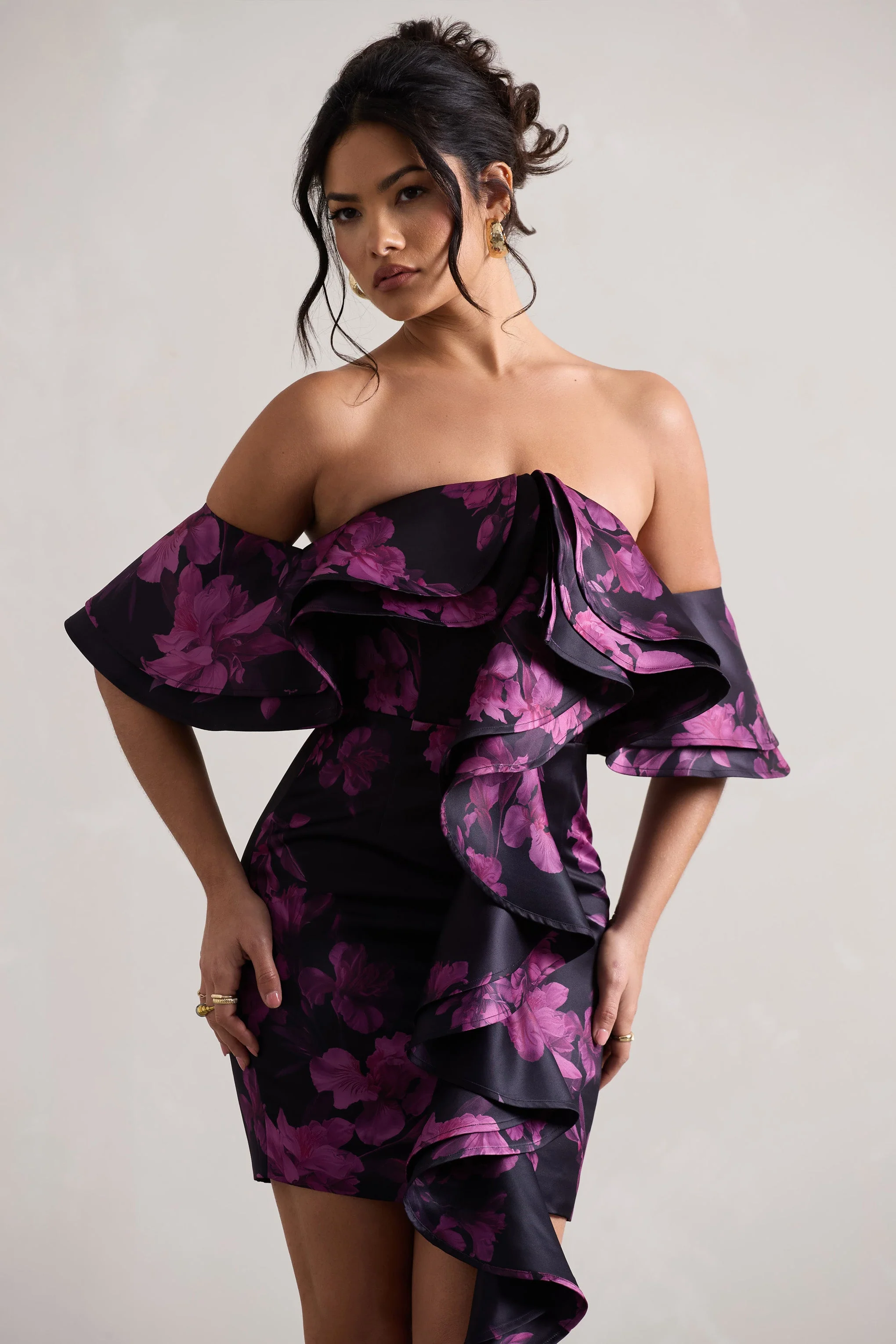 Aspen | Black Floral Print Bardot Mini Dress With Ruffles - Image 2
