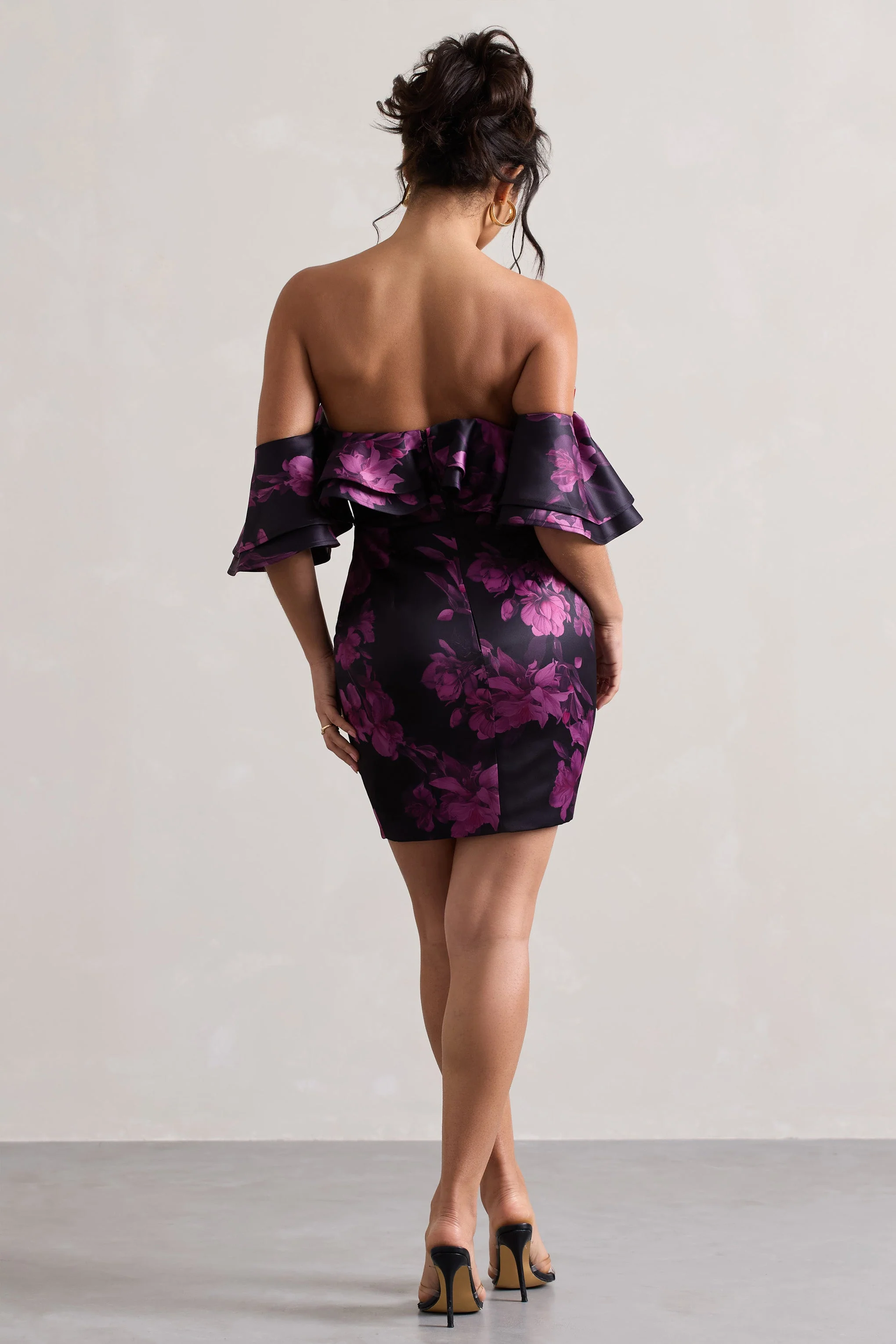 Aspen | Black Floral Print Bardot Mini Dress With Ruffles - Image 3