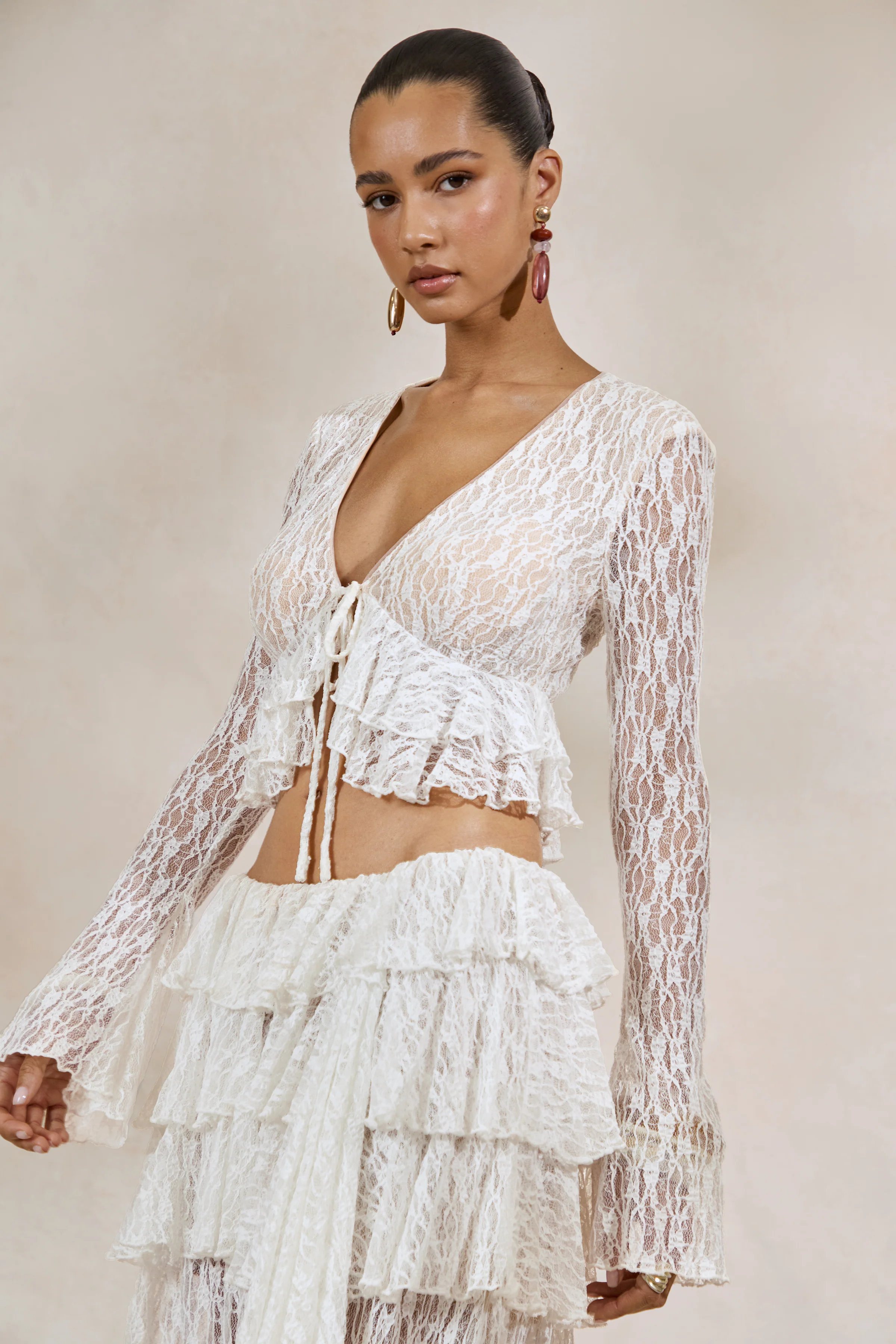 Astella | White Lace Plunge-Neck Top With Ruffled Trim - Image 6