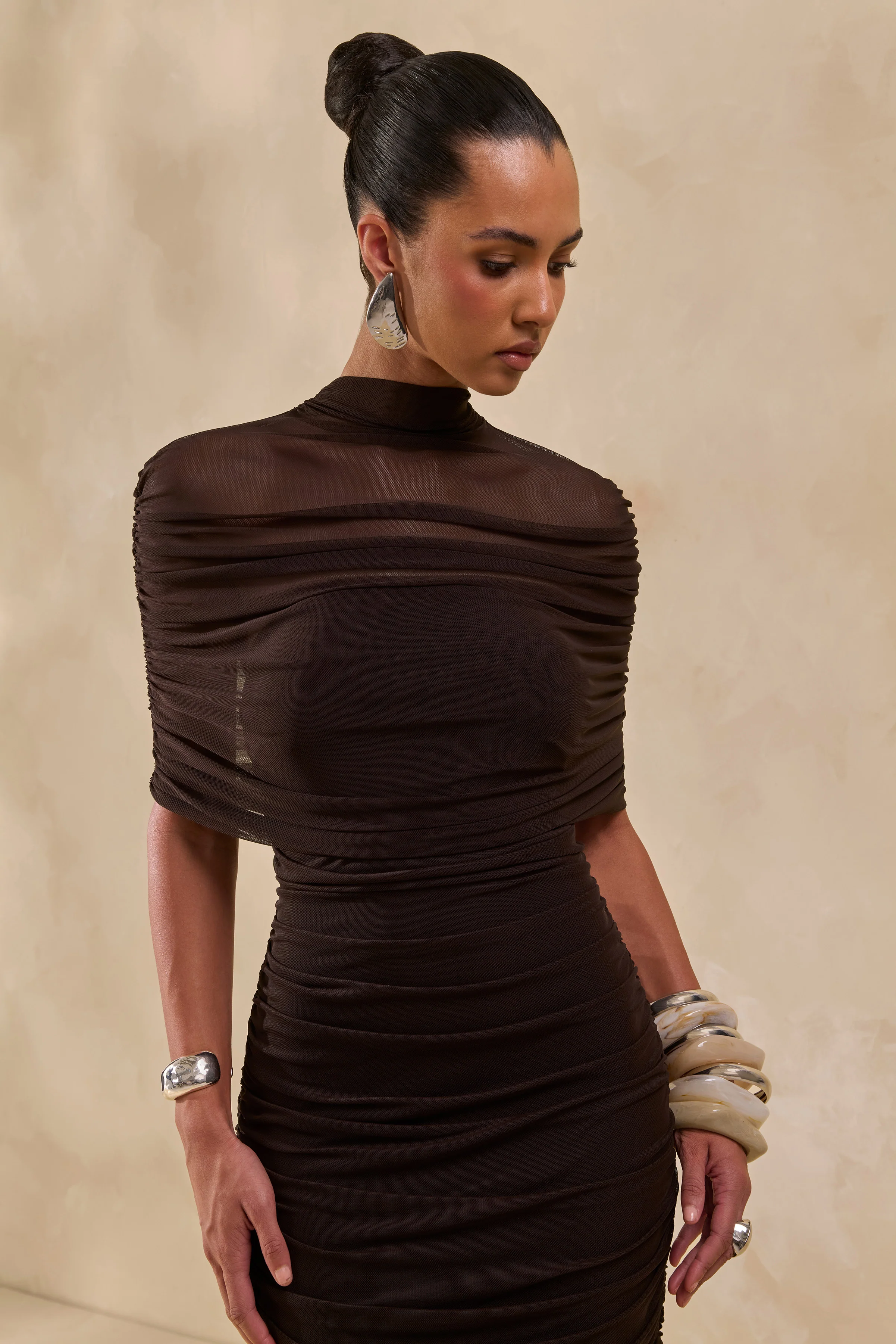 Astrae | Brown High-Neck Midi Dress With Short Mesh-Cape - Image 5
