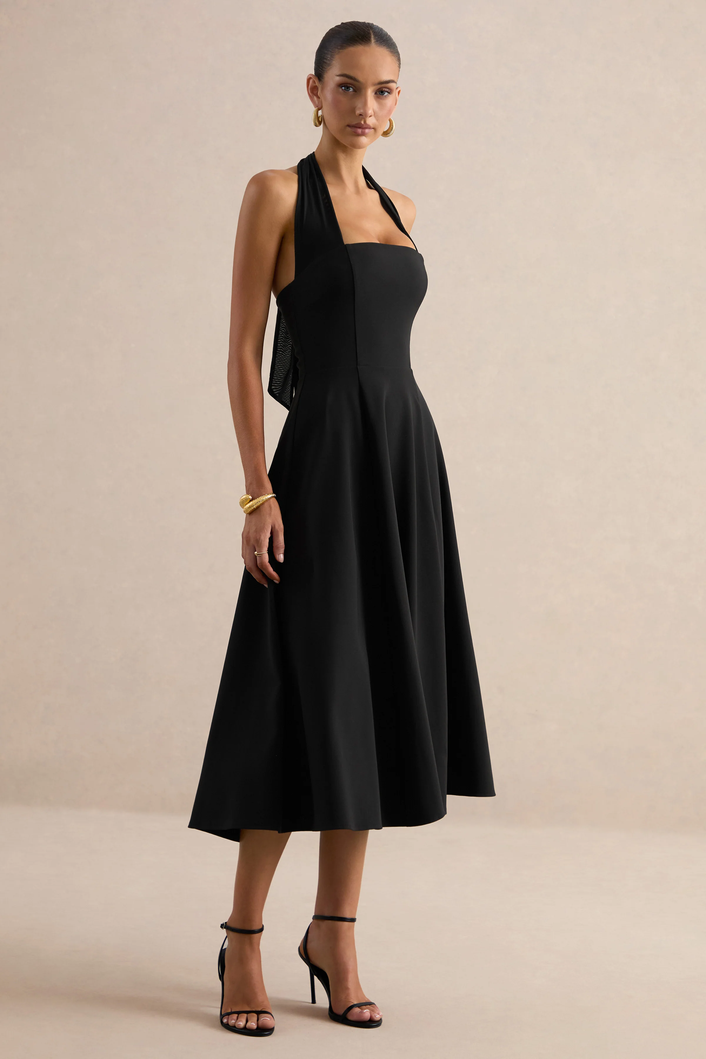 Auburn | Black Halter Skater Midi Dress - Image 3