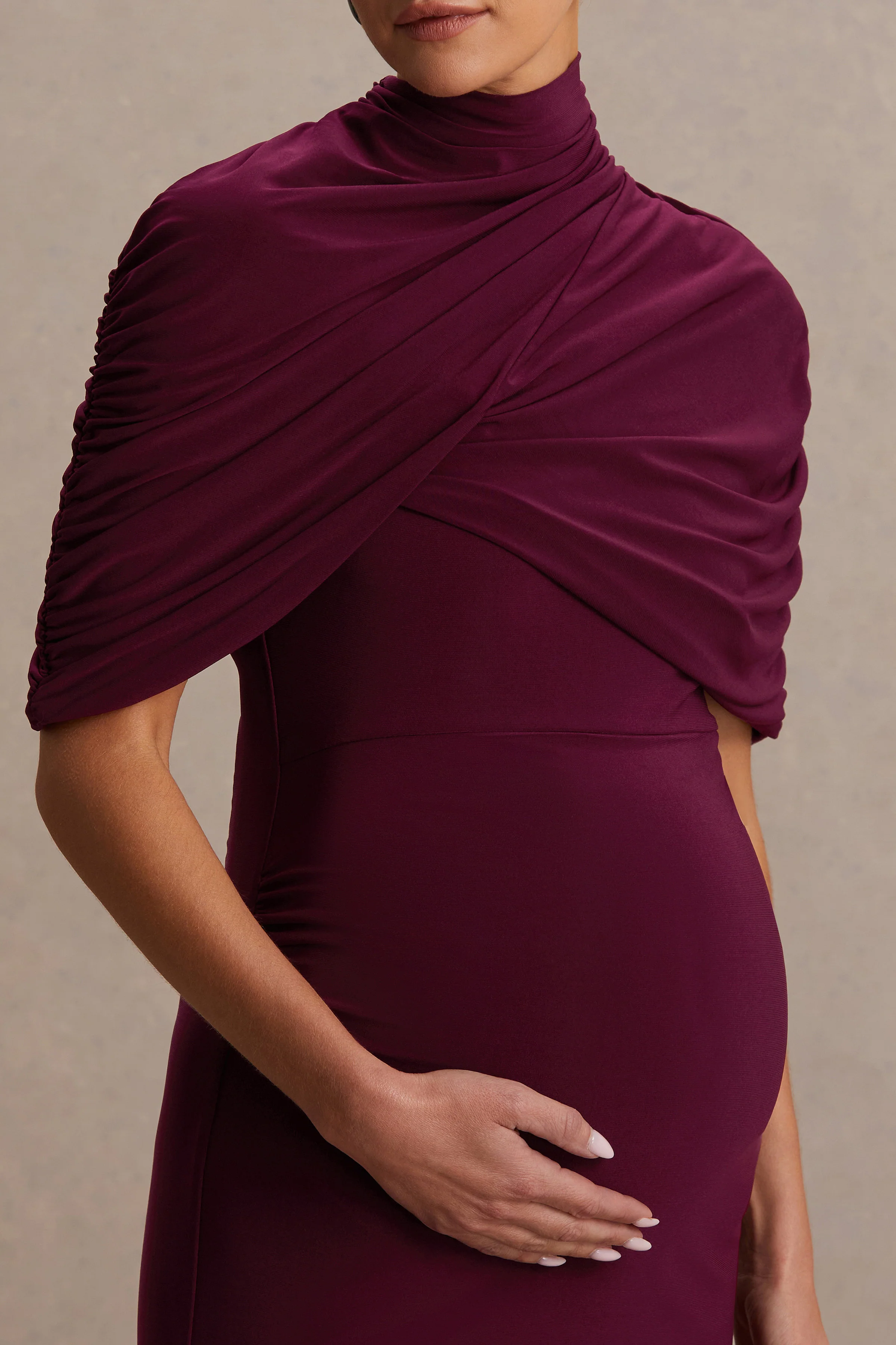 Augustina | Burgundy Maternity Midi Dress With Cape - Image 3