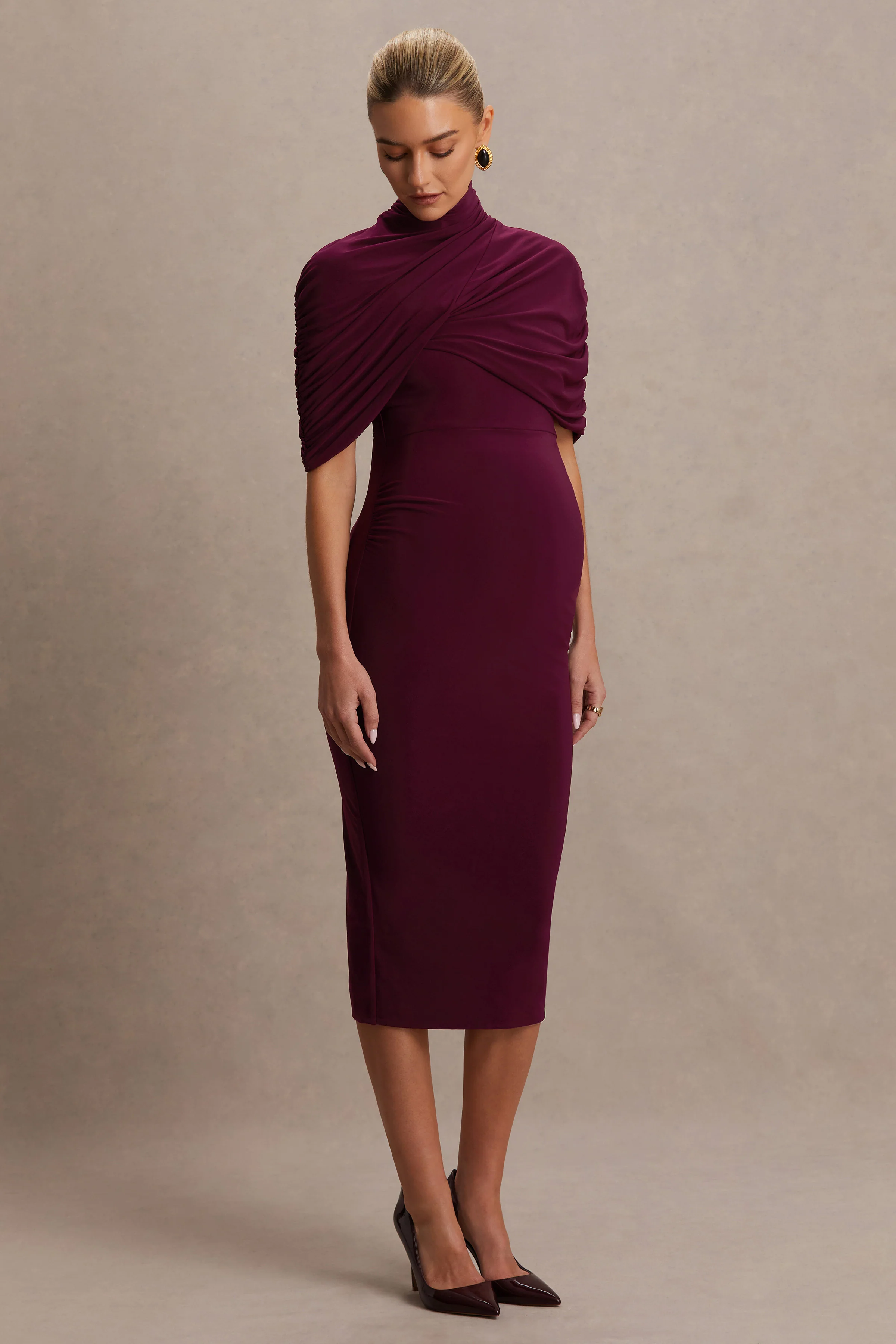 Augustina | Burgundy Maternity Midi Dress With Cape - Image 5