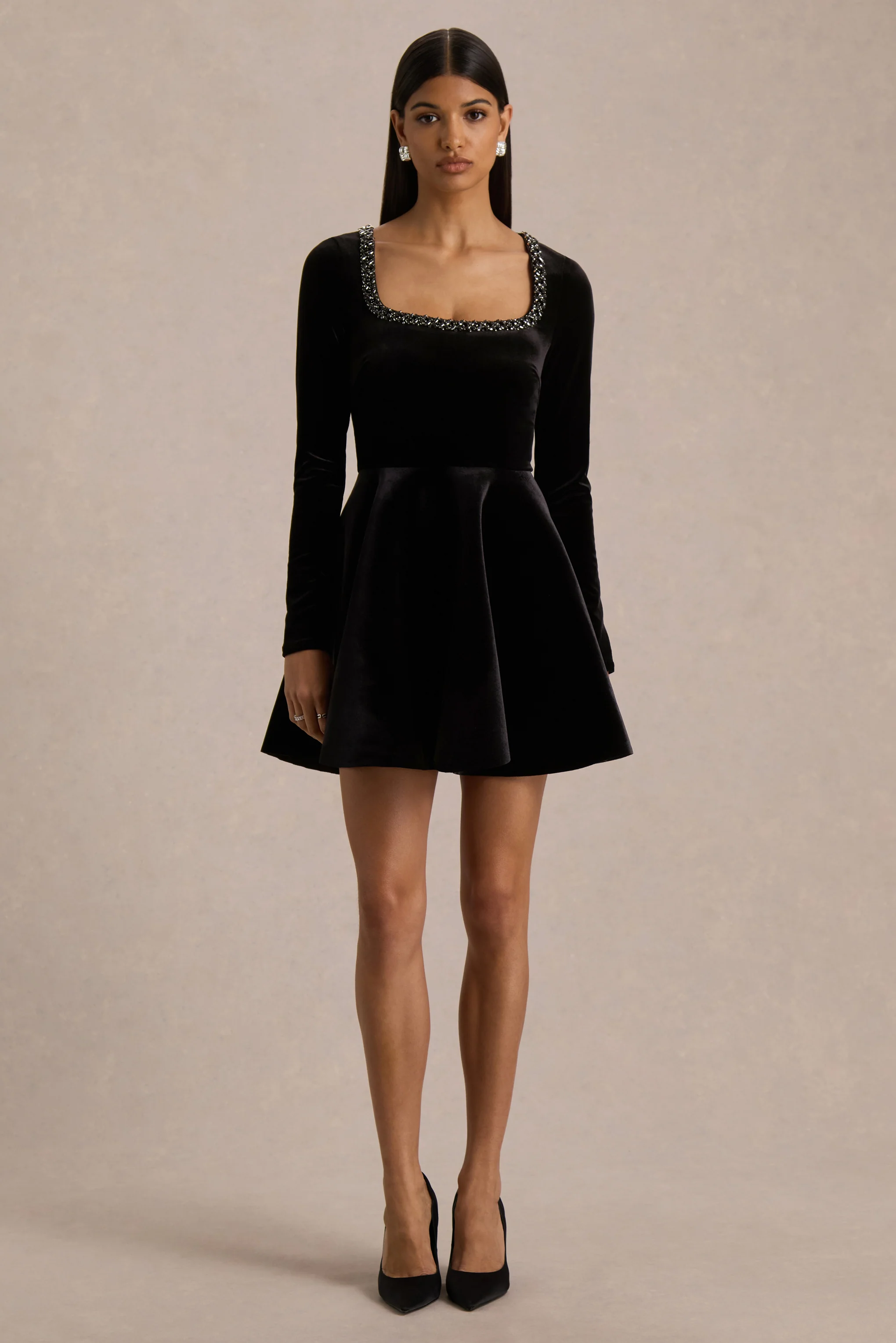 Beloved | Black Velvet Embellished Square-Neck Mini Dress - Image 4