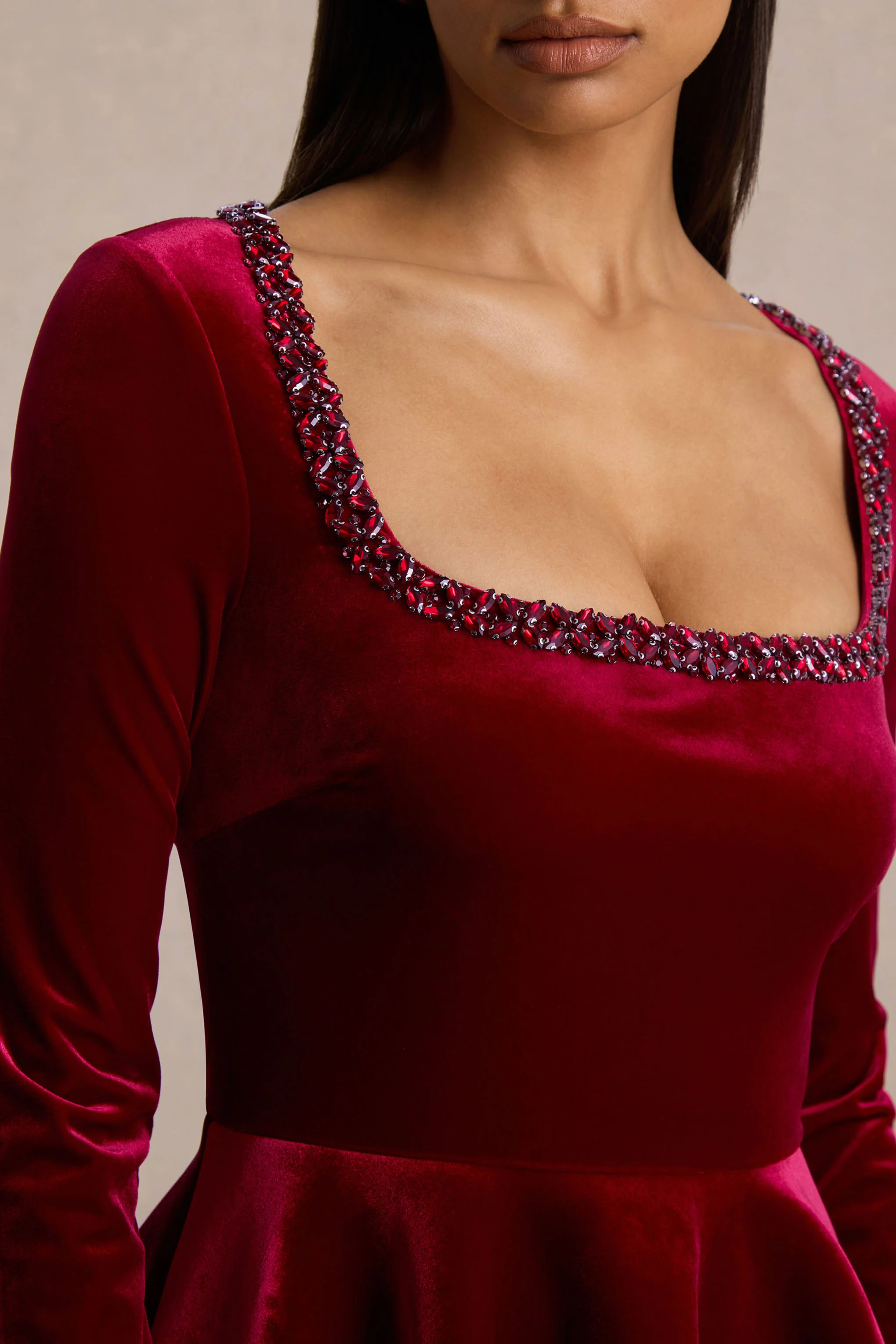 Beloved | Red Velvet Hand-Embellished Square-Neck Mini Dress - Image 3