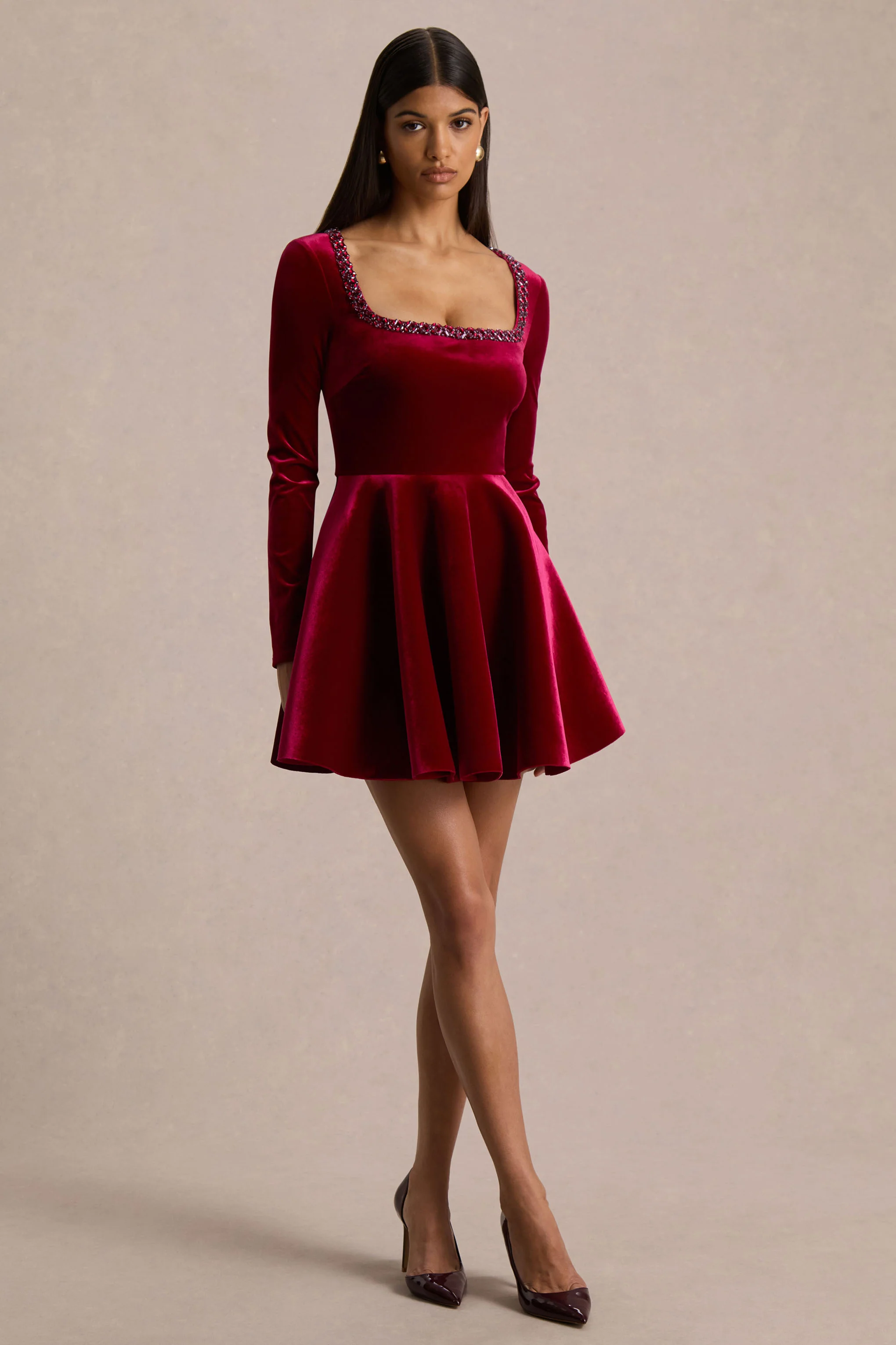 Beloved | Red Velvet Hand-Embellished Square-Neck Mini Dress - Image 5
