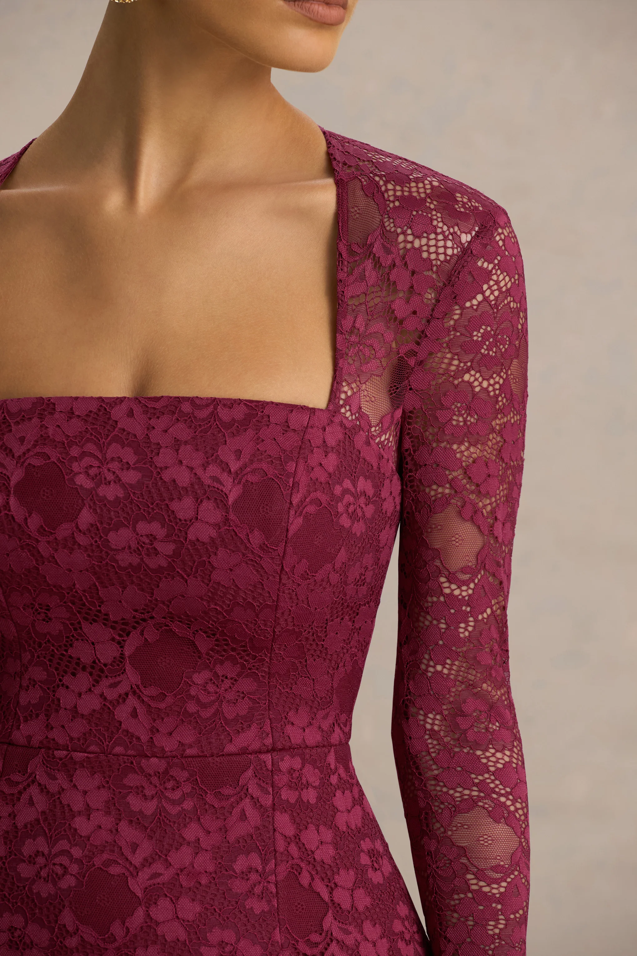Bijou | Burgundy Square-Neck Lace Long-Sleeve Mini Dress - Image 6