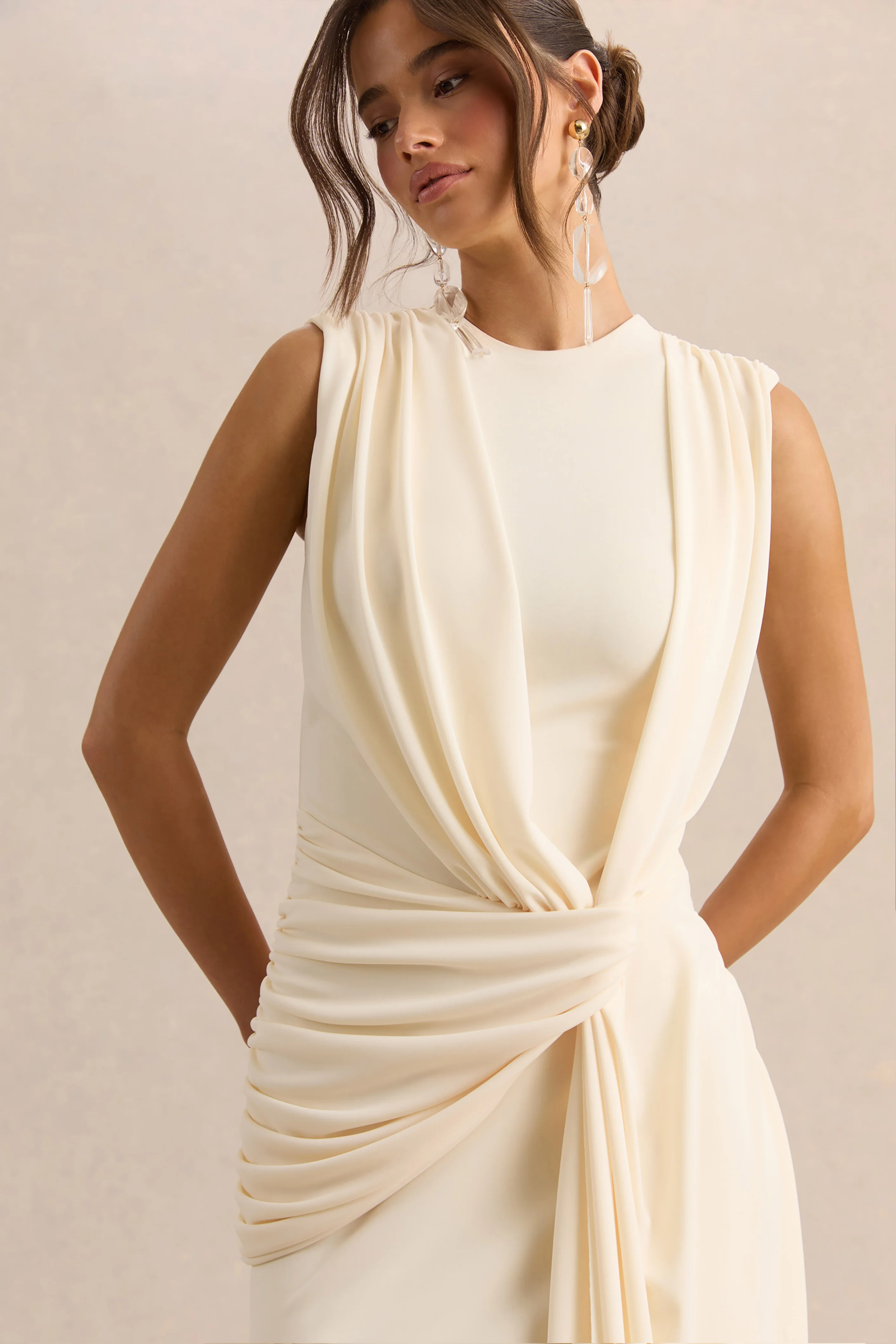 Blythia | Cream Round-Neck Maxi Dress With Gathered-Detailing - Image 3