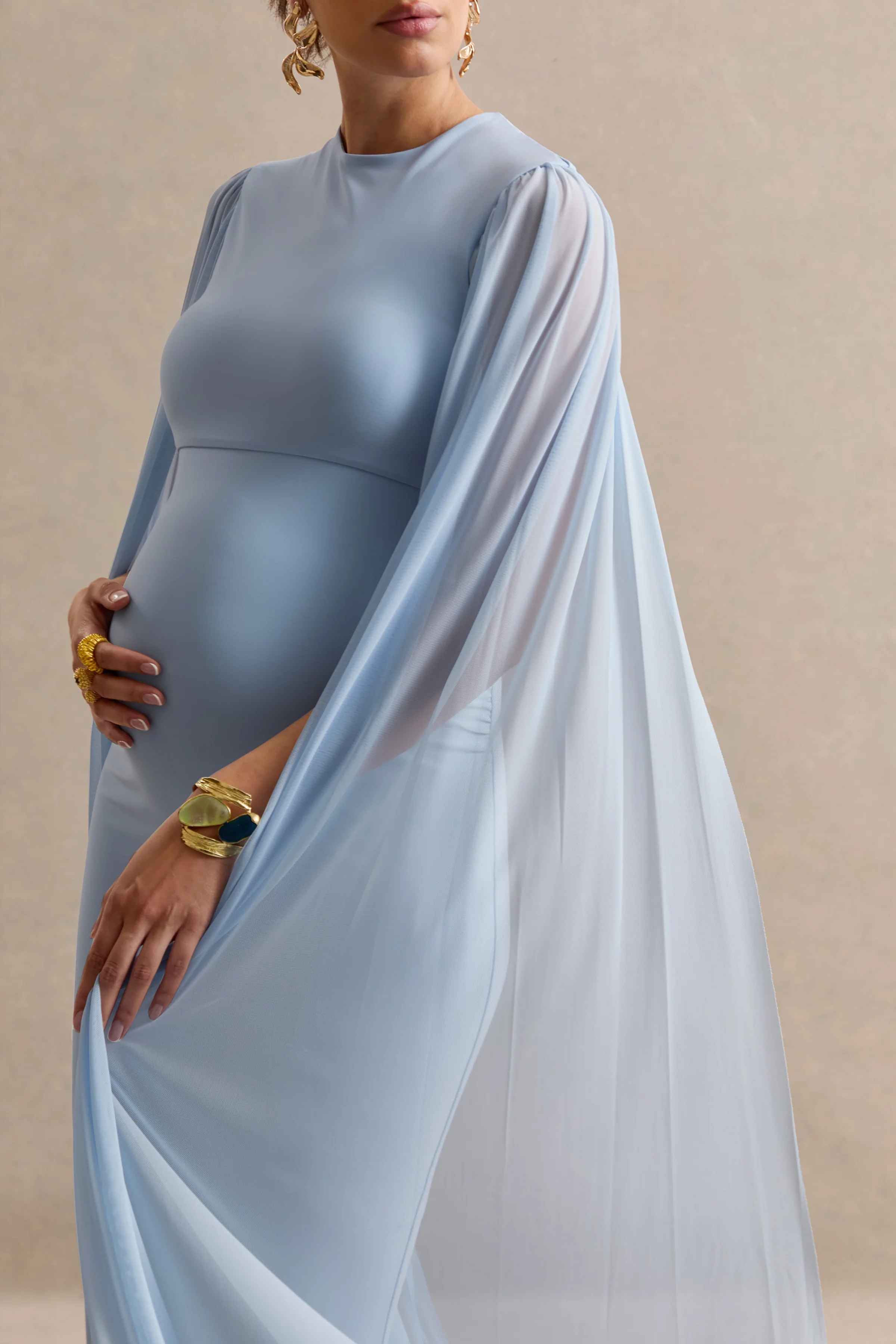 Calitheia | Light Blue Round-Neck Maternity Maxi Dress With Long Floaty Mesh Sleeves - Image 5