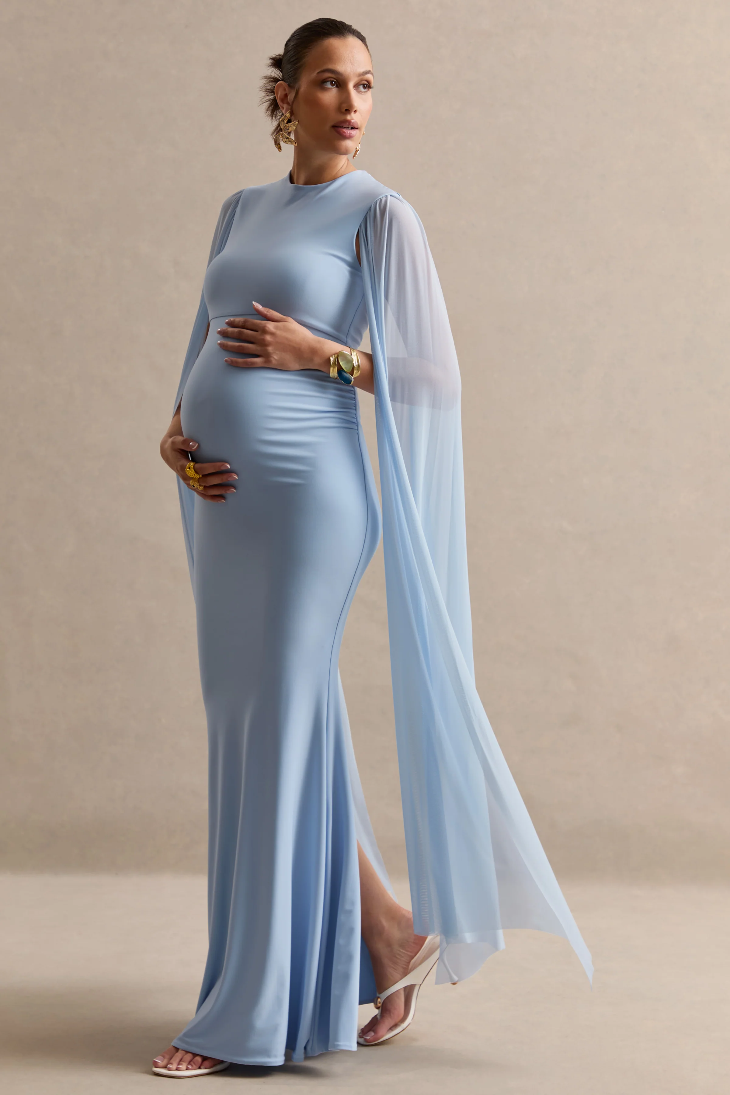 Calitheia | Light Blue Round-Neck Maternity Maxi Dress With Long Floaty Mesh Sleeves - Image 7