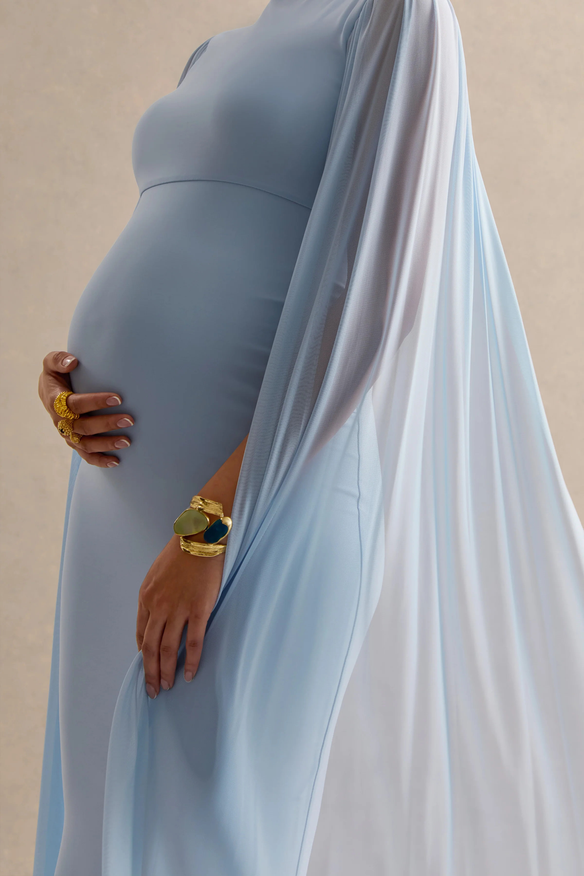 Calitheia | Light Blue Round-Neck Maternity Maxi Dress With Long Floaty Mesh Sleeves - Image 8