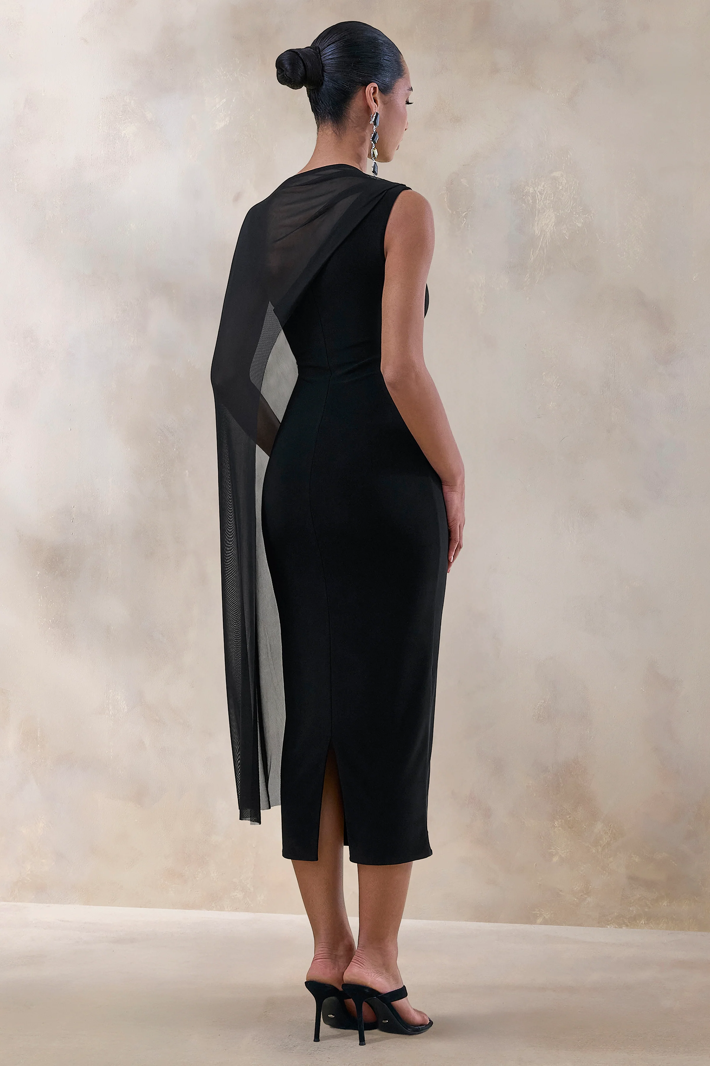 Caloria | Black Asymmetric-Neck Midi Dress With Mesh-Cape - Image 2