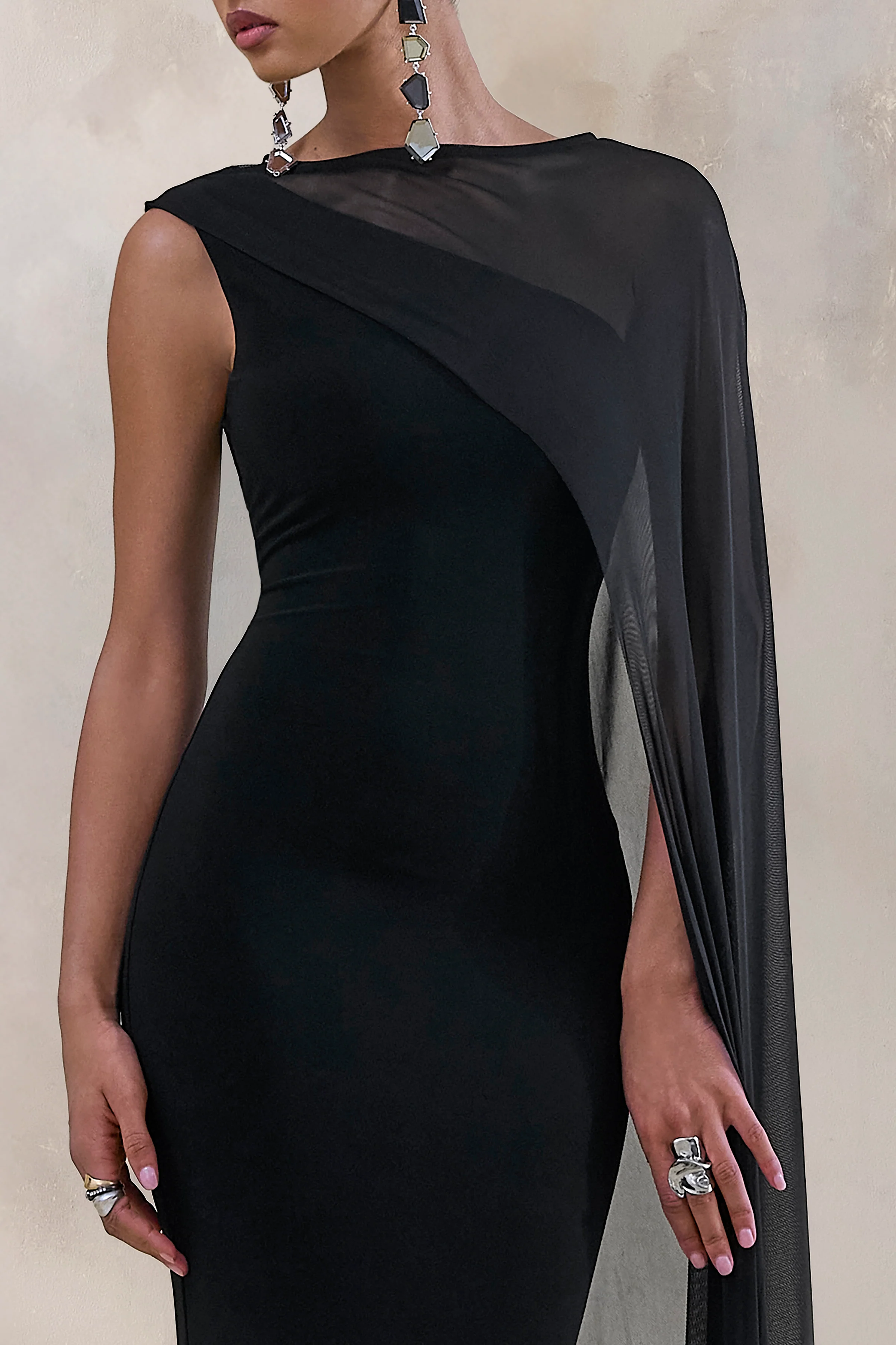 Caloria | Black Asymmetric-Neck Midi Dress With Mesh-Cape - Image 3