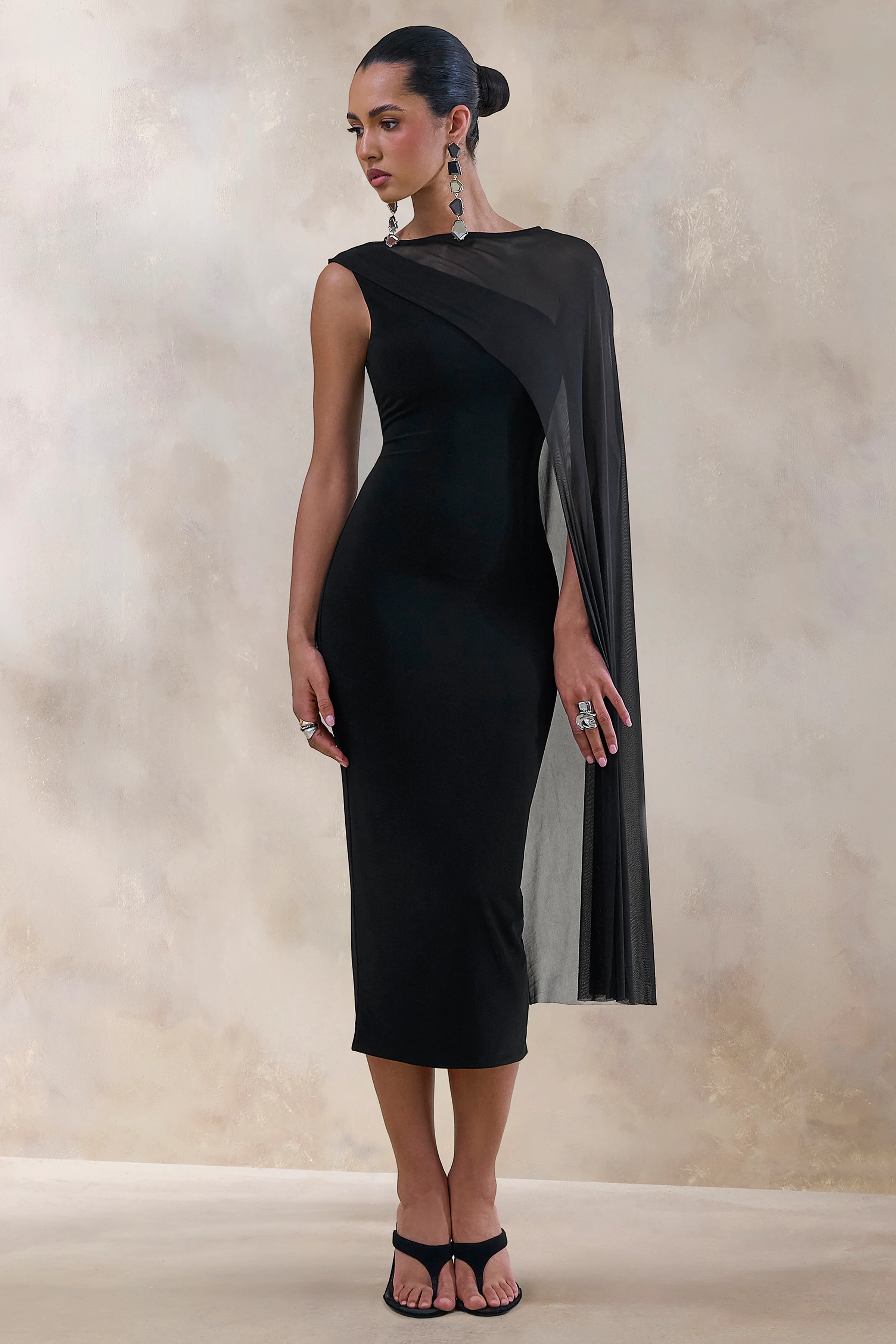 Caloria | Black Asymmetric-Neck Midi Dress With Mesh-Cape - Image 4