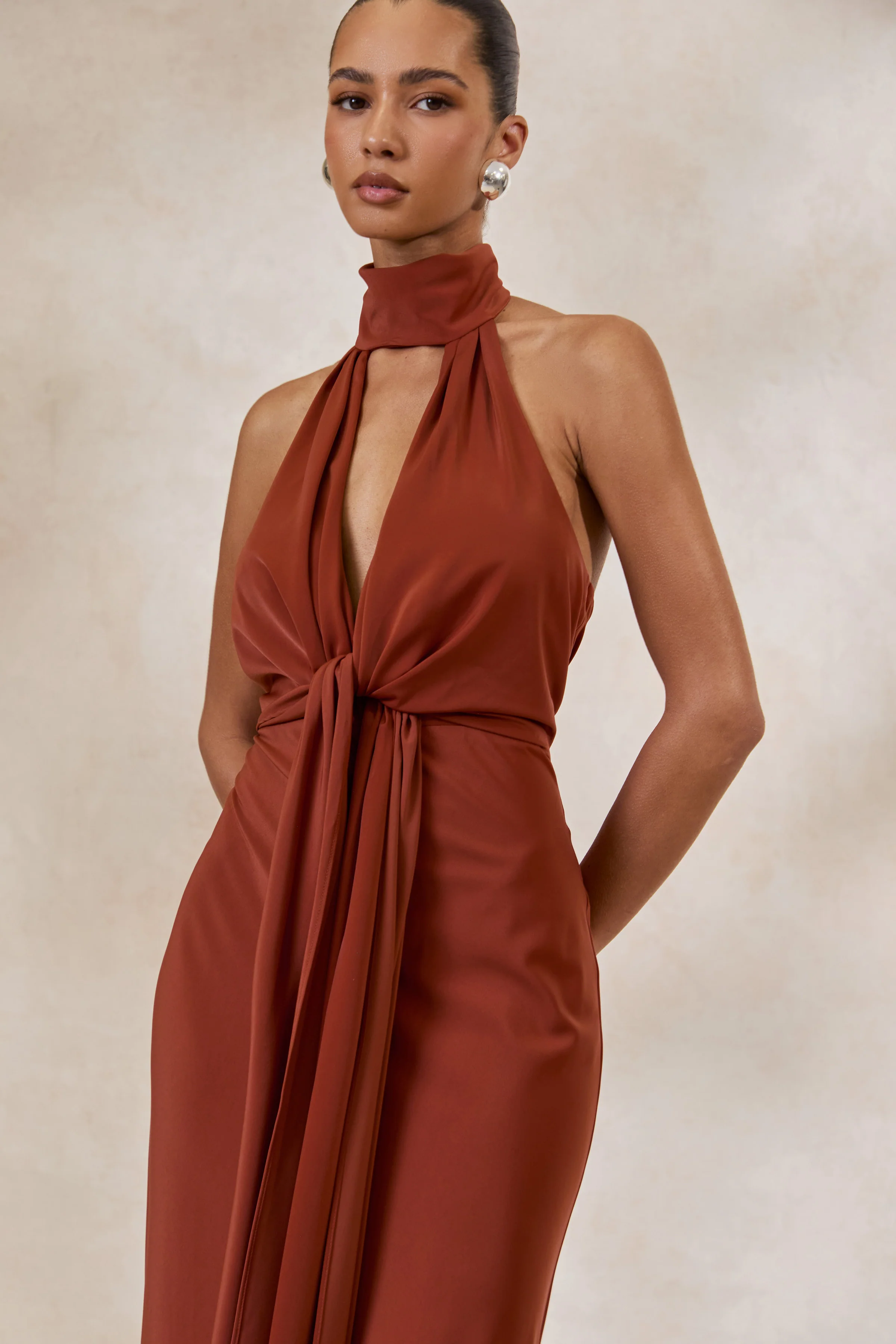 Canella | Rust Satin Halter-Neck Maxi Dress With Sash-Detail - Image 3