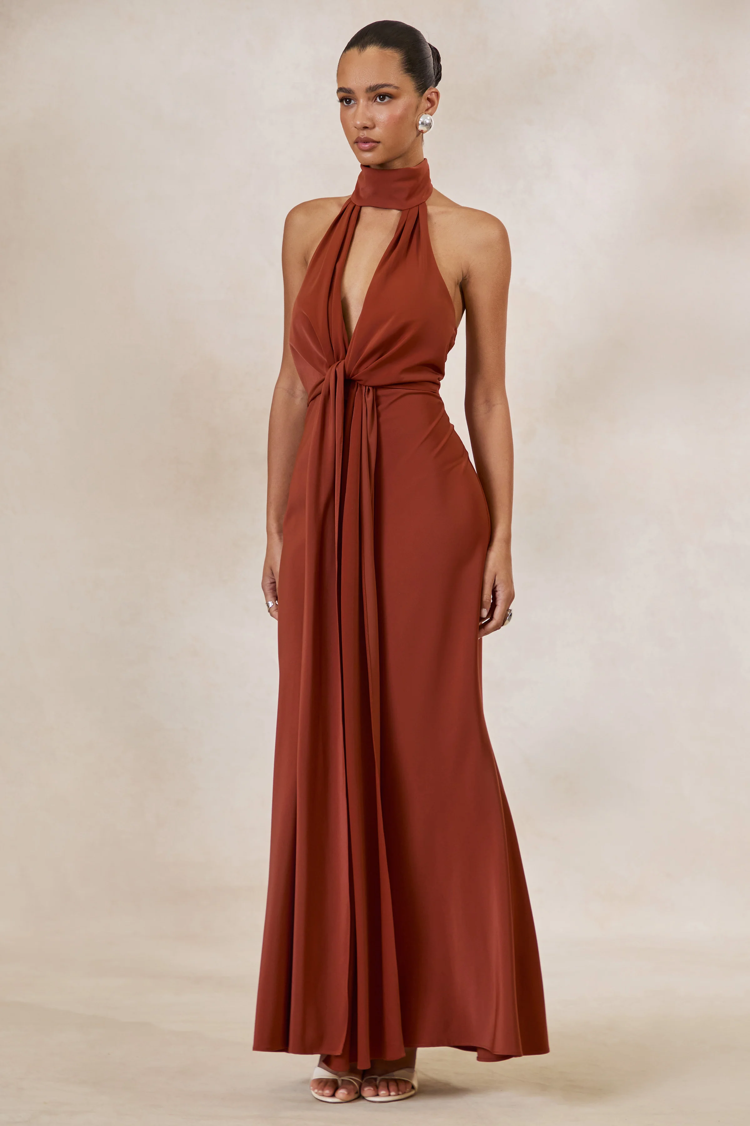 Canella | Rust Satin Halter-Neck Maxi Dress With Sash-Detail - Image 4