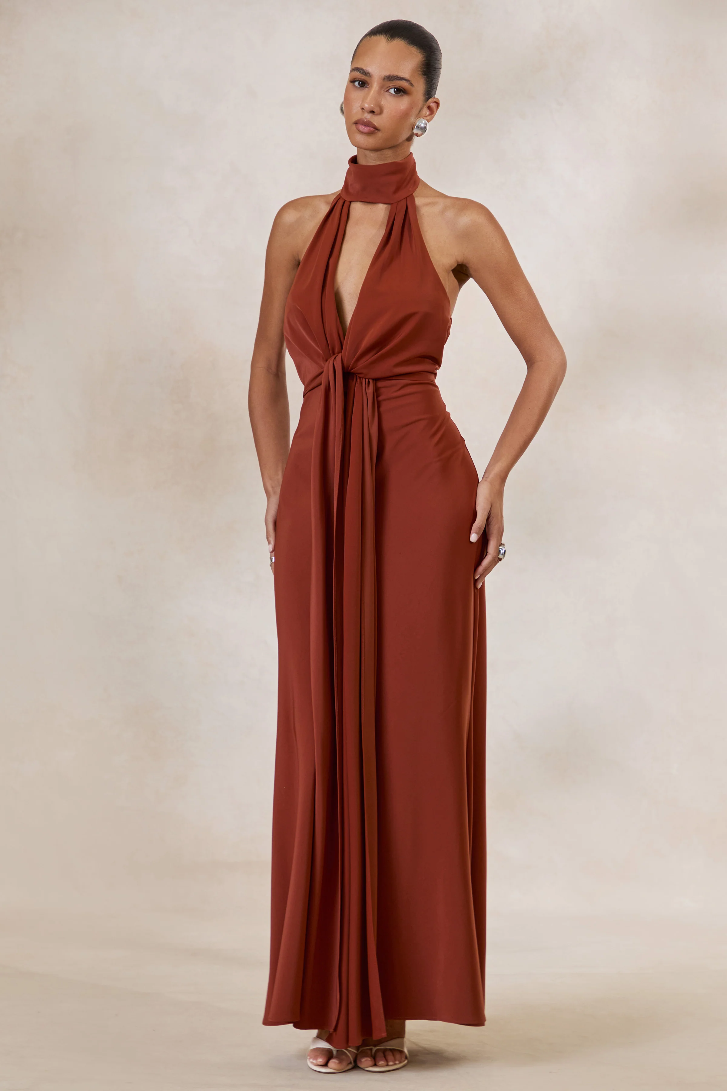 Canella | Rust Satin Halter-Neck Maxi Dress With Sash-Detail - Image 6