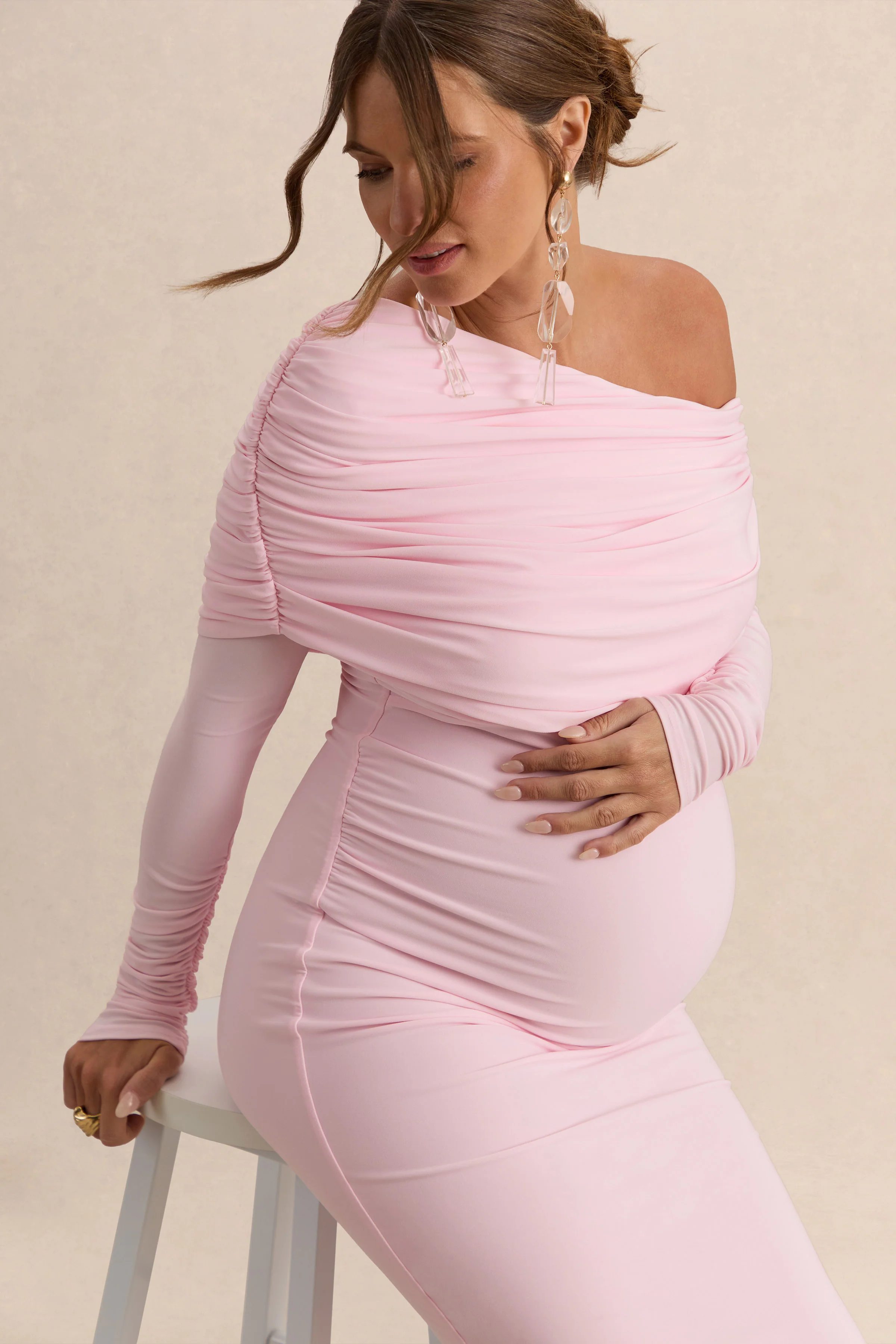 Carleigh | Light Pink Asymmetric-Neck Maternity Maxi Dress With Draped Detailing - Image 3