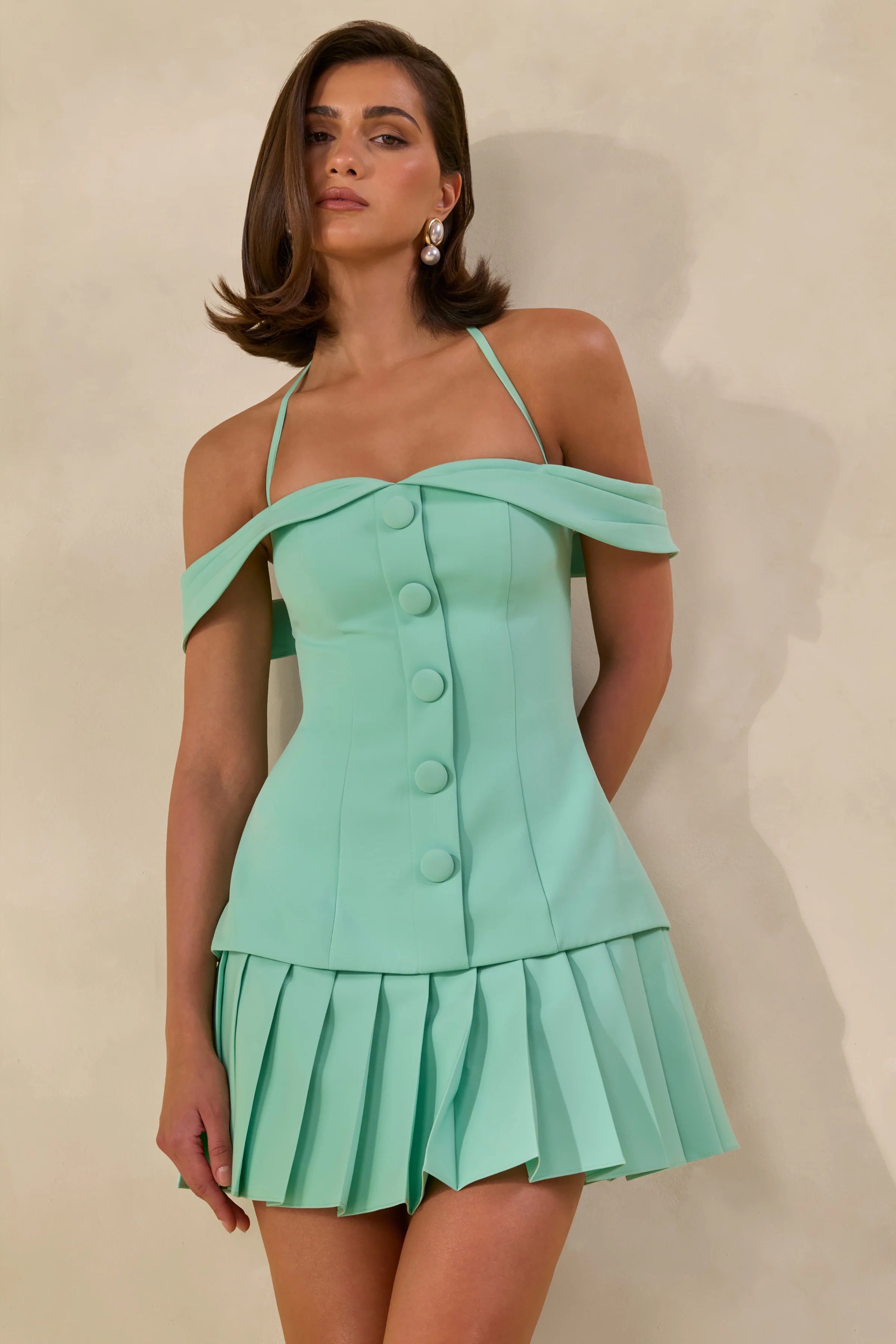 Celeta | Mint Bardot-Neck Mini Dress With Button-Detailing And Pleated-Hem - Image 3